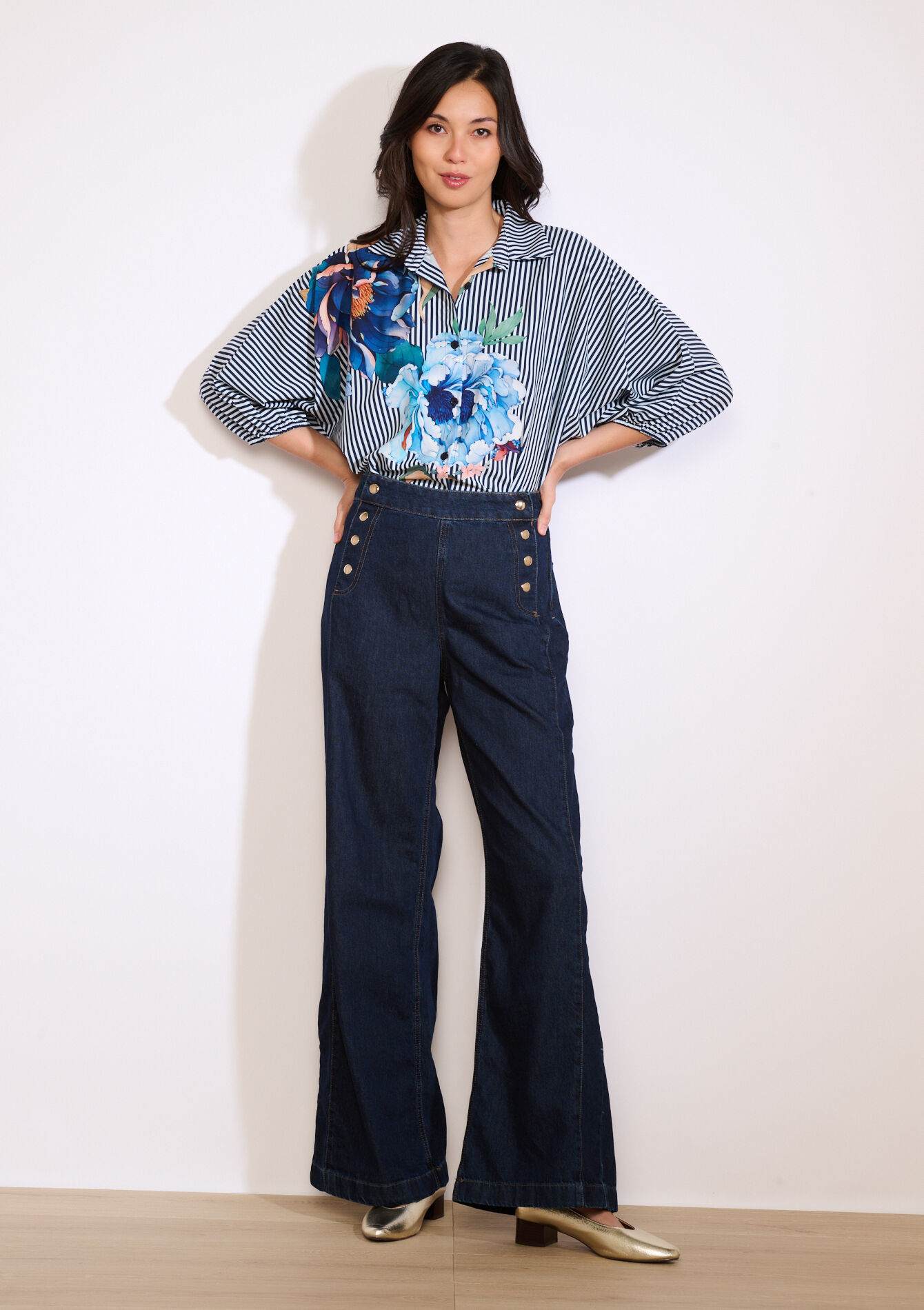 Wijde jeans met hoge taille, Wijde jeans met hoge taille - DARK BLUE - 22000626_0501