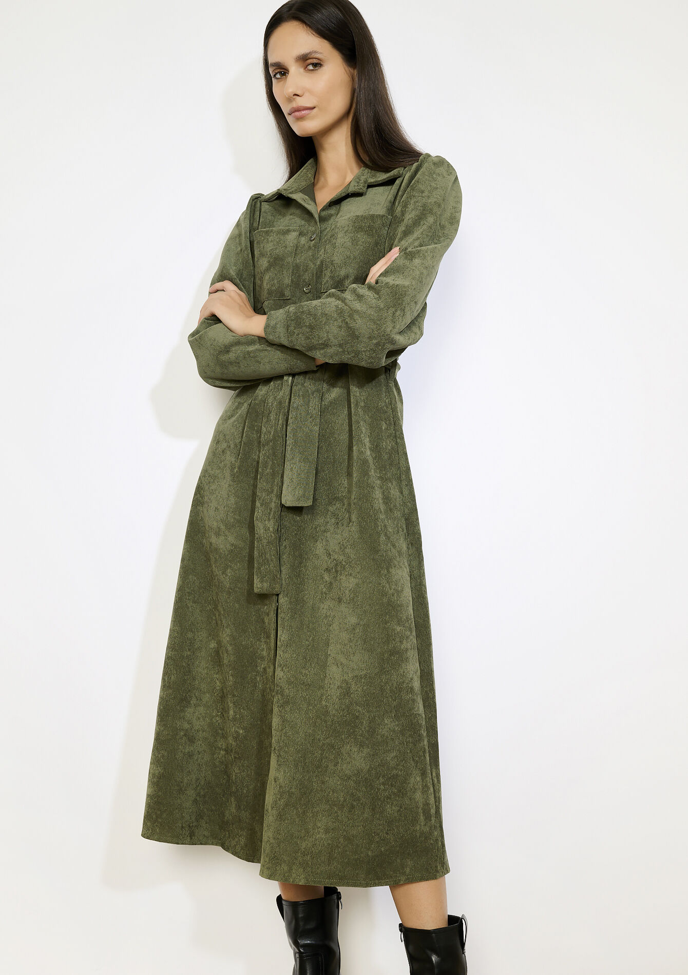 Midi overhemdjurk met ceintuur - KHAKI MED - 08104316_4327