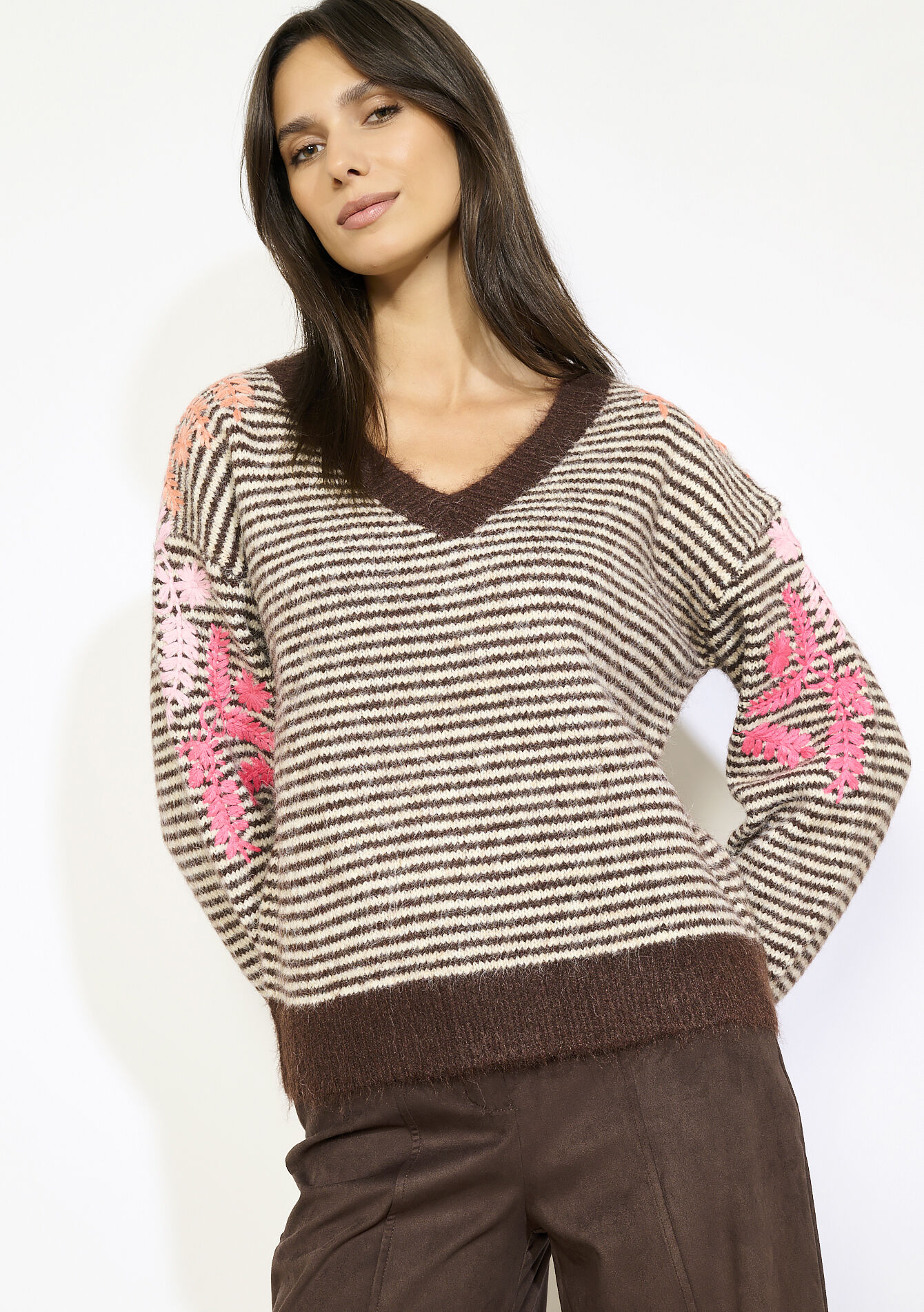 Striped embroidered knit, Striped embroidered knit - BROWN DARK CHOCOLATE - 04007063_3720