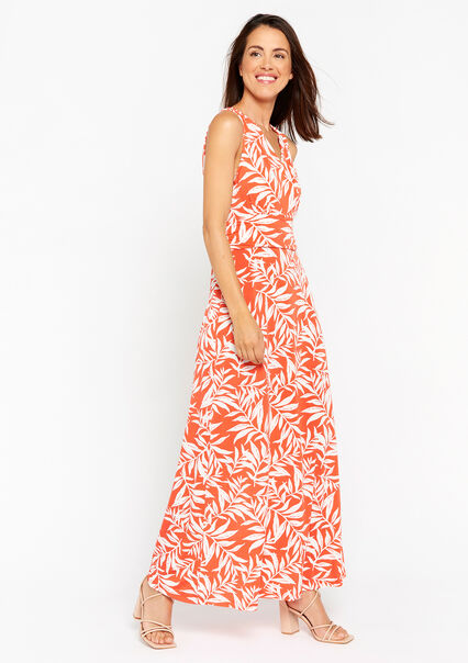 Maxi dress with leaf print - CORAL BRIGHT - 08602161_2007