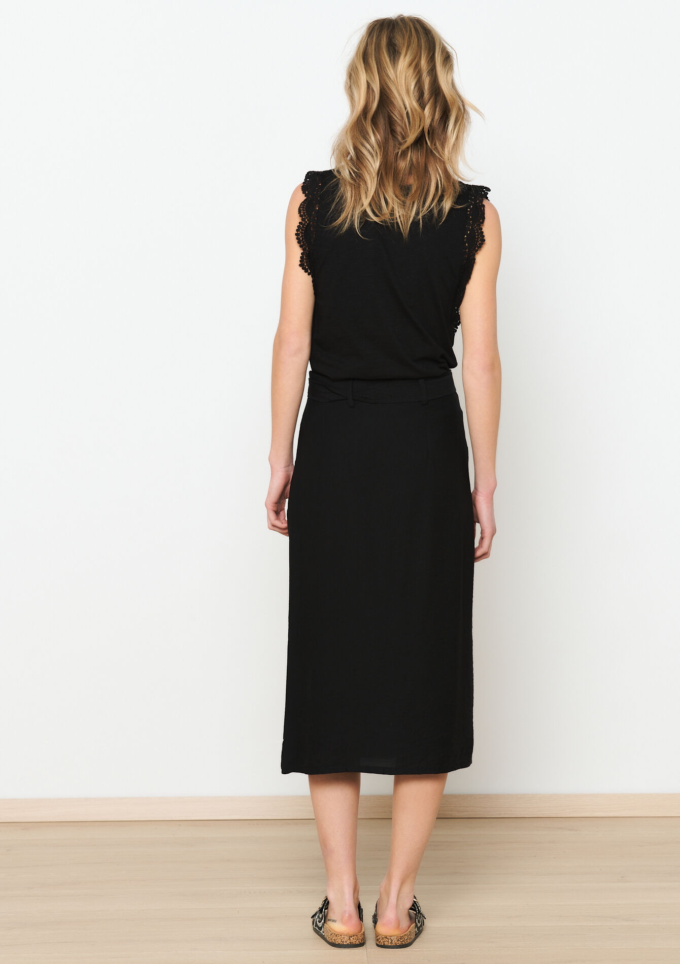 Midi skirt with linen look, Midi skirt with linen look - BLACK - 07101236_1119