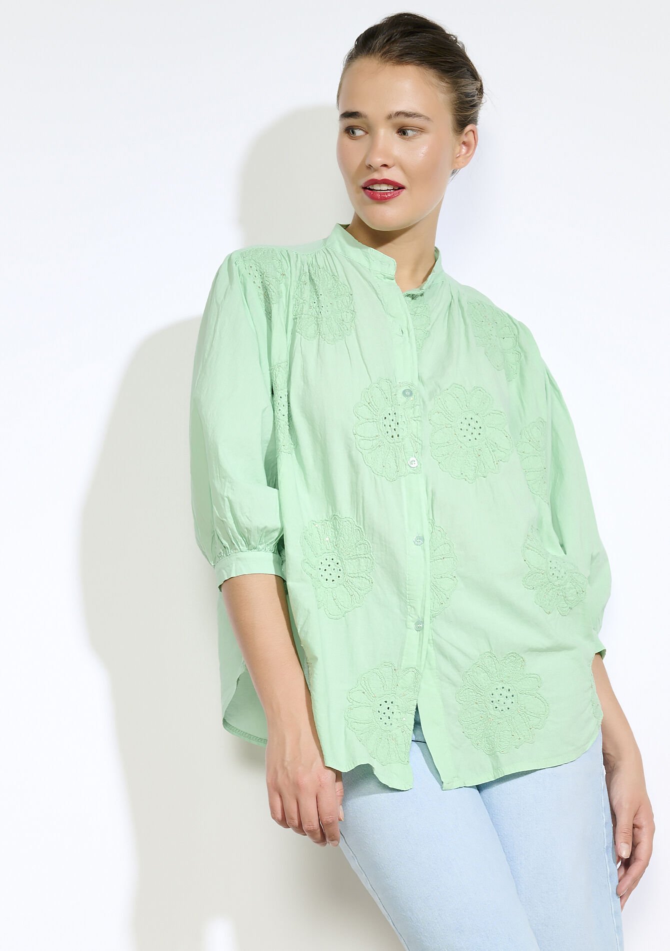 Blouse met broderie anglaise, Blouse met broderie anglaise - MINT GREEN - 05702886_1723