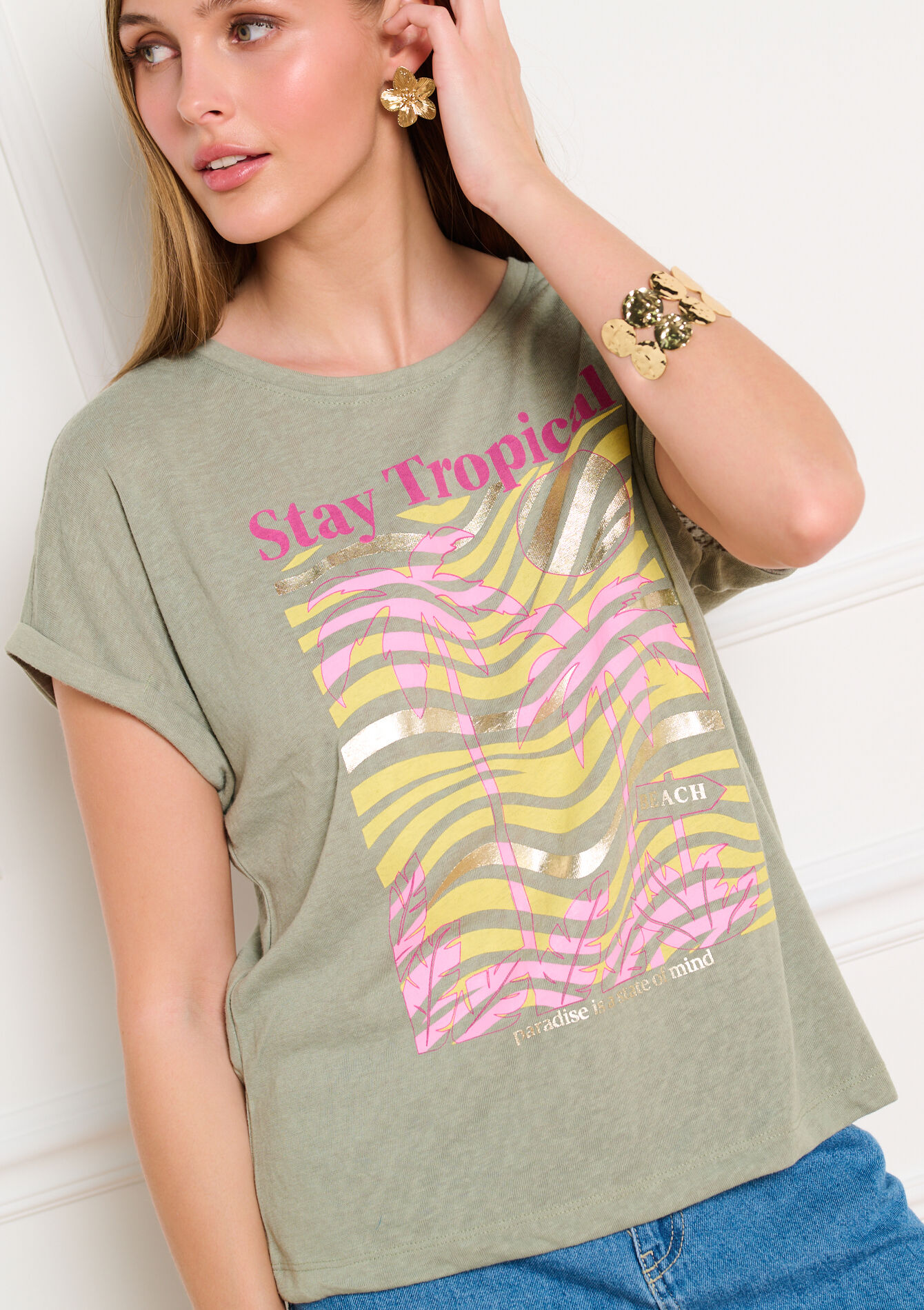 T-shirt met zomerse print - KHAKI FADED - 02301947_4326