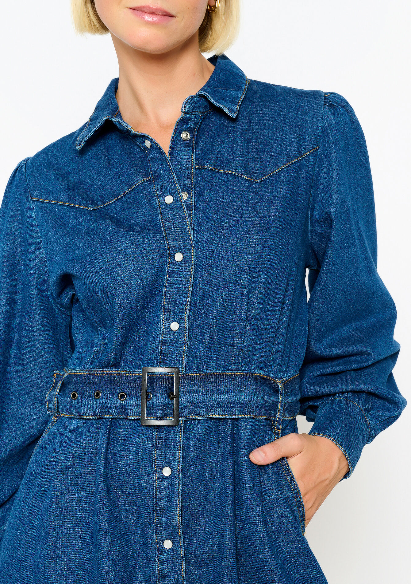 Robe mi-longue en denim avec ceinture - DARK BLUE - 08103716_0501
