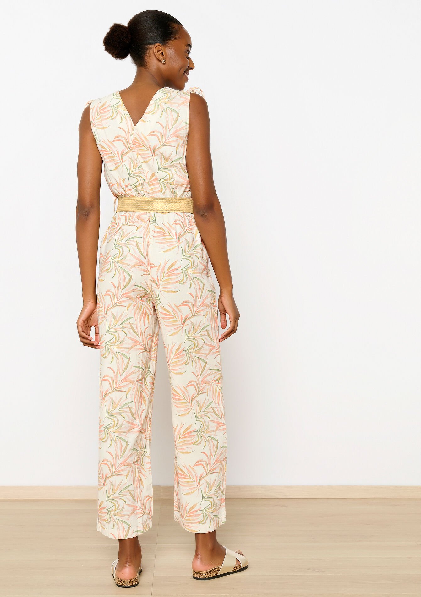 Linen jumpsuit with leaf print - OFFWHITE - 06004473_1001