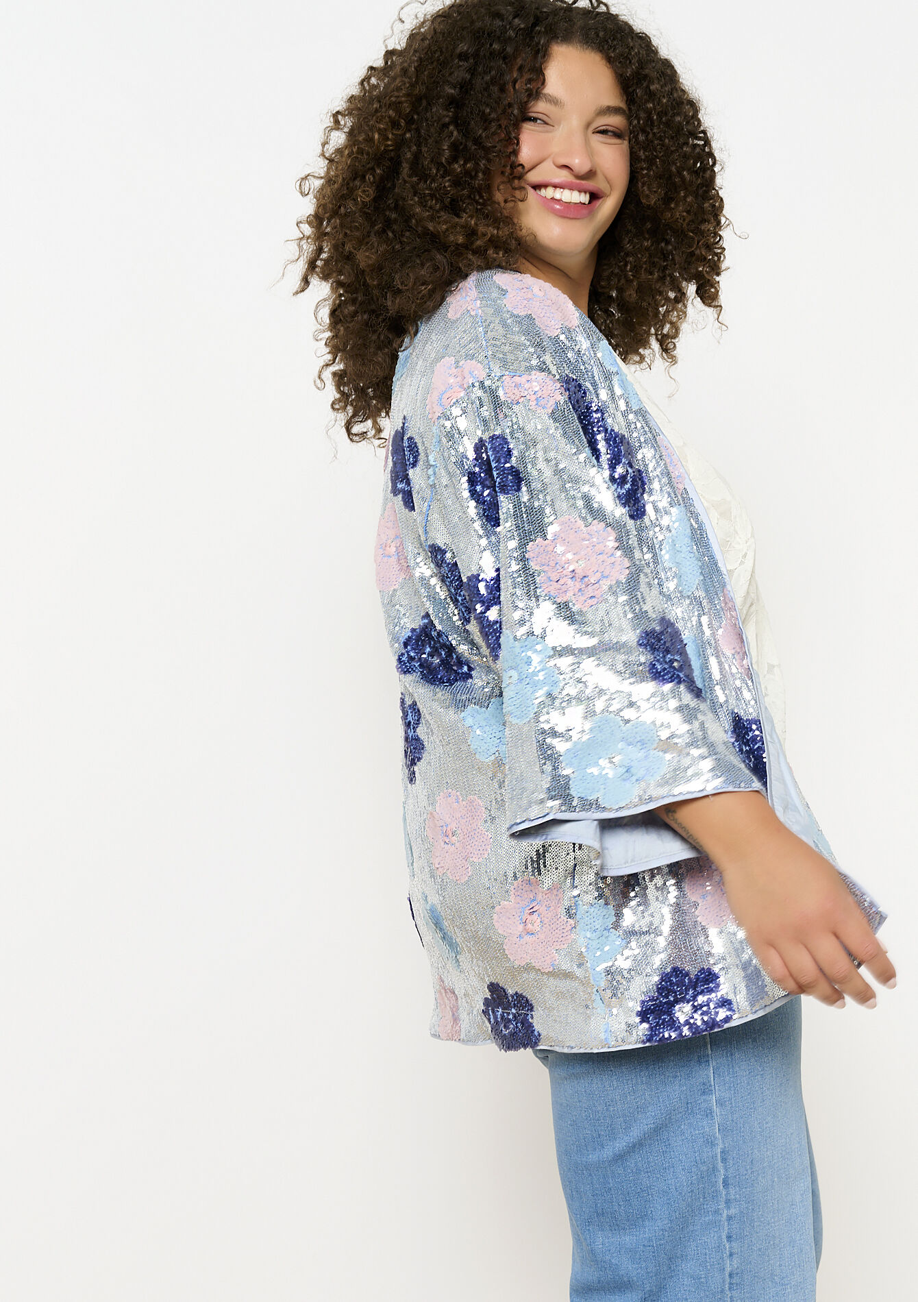 Kimono à sequins floraux, Kimono à sequins floraux - SILVER - 1123000