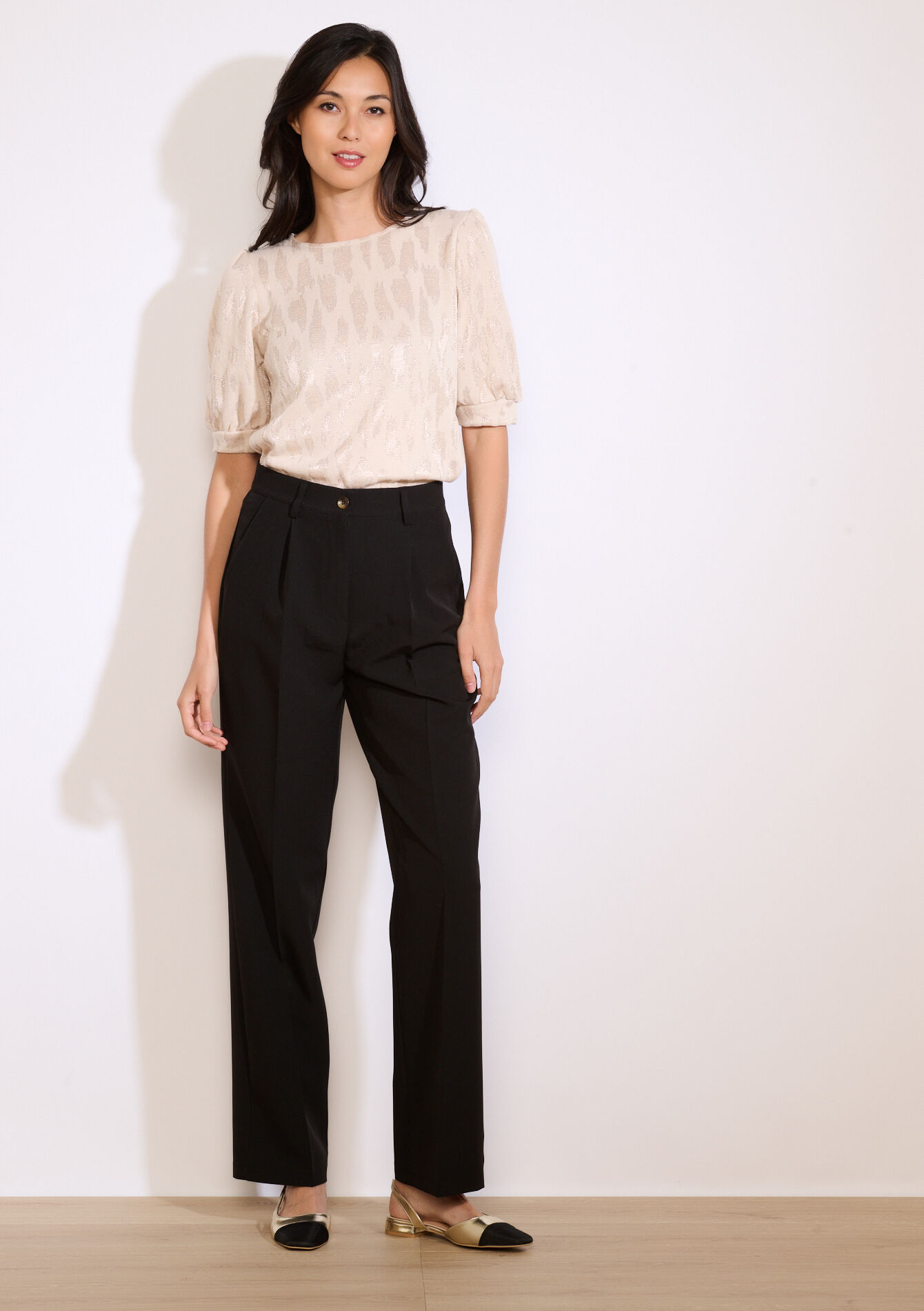 T-shirt met pofmouwen en luipaard, T-shirt met pofmouwen en luipaard - NUDE PINK - 02301922