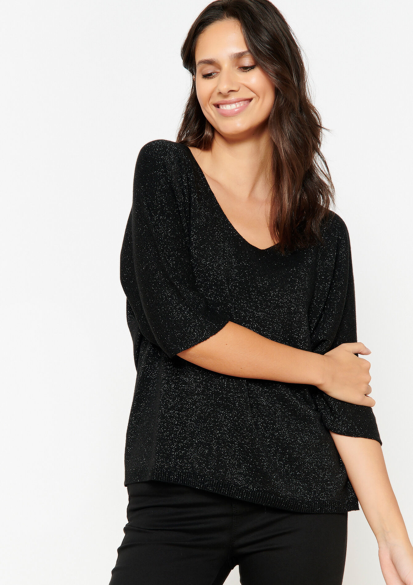 Fine pullover with lurex, Fine pullover with lurex - BLACK - 04006247_1119