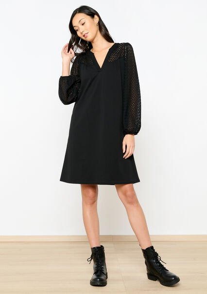 Straight dress with lace sleeves - BLACK - 08103448_1119