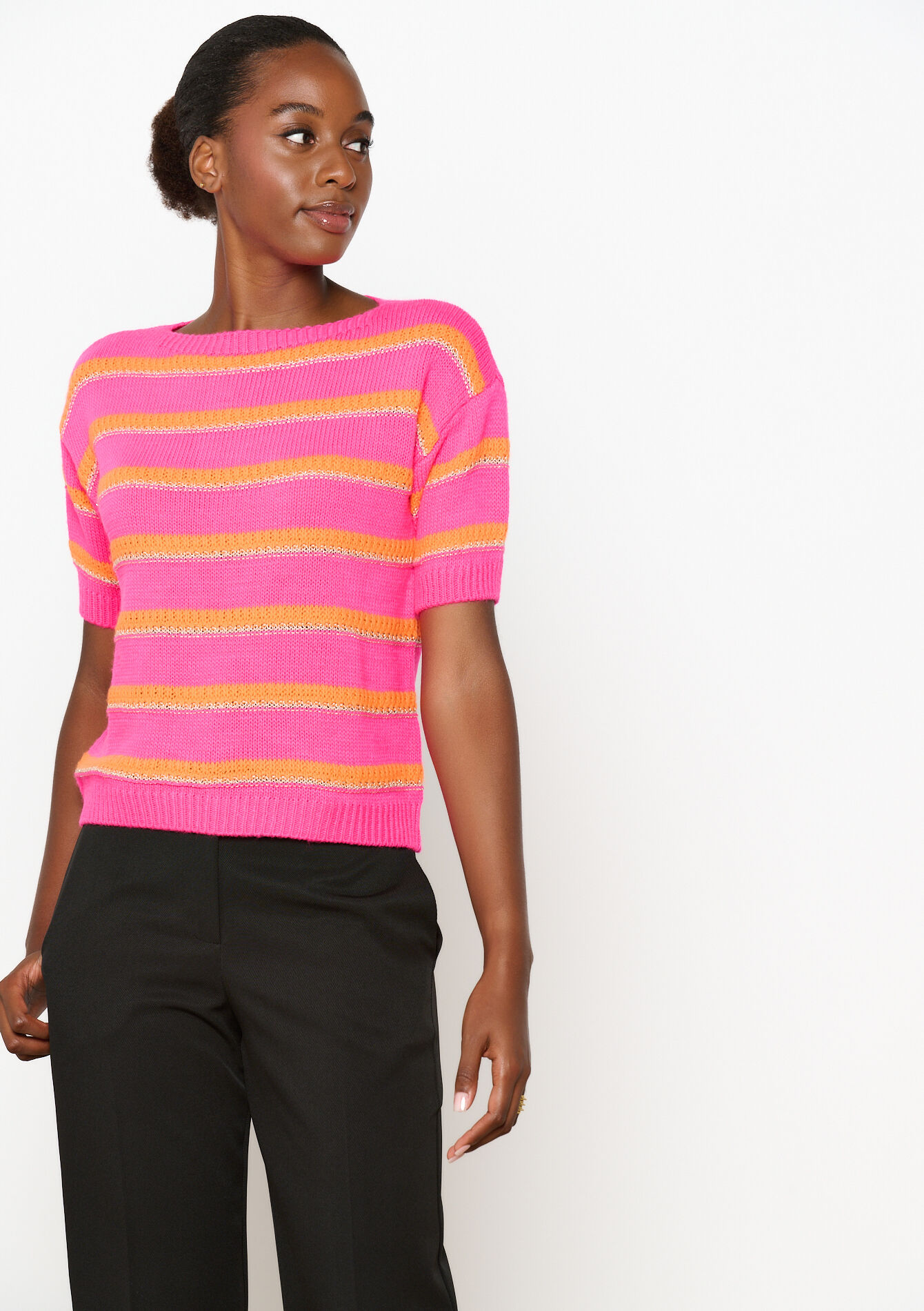 Opengewerkte trui met strepen, Opengewerkte trui met strepen - FLUO PINK - 04006681_5727
