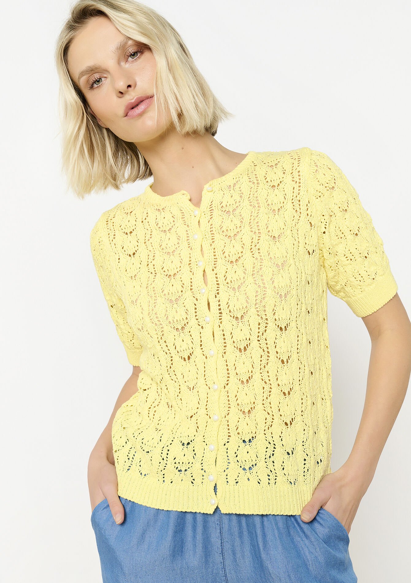 Ajourvestje met fijne knoopjes, Ajourvestje met fijne knoopjes - YELLOW PASTEL - 04101320_5004