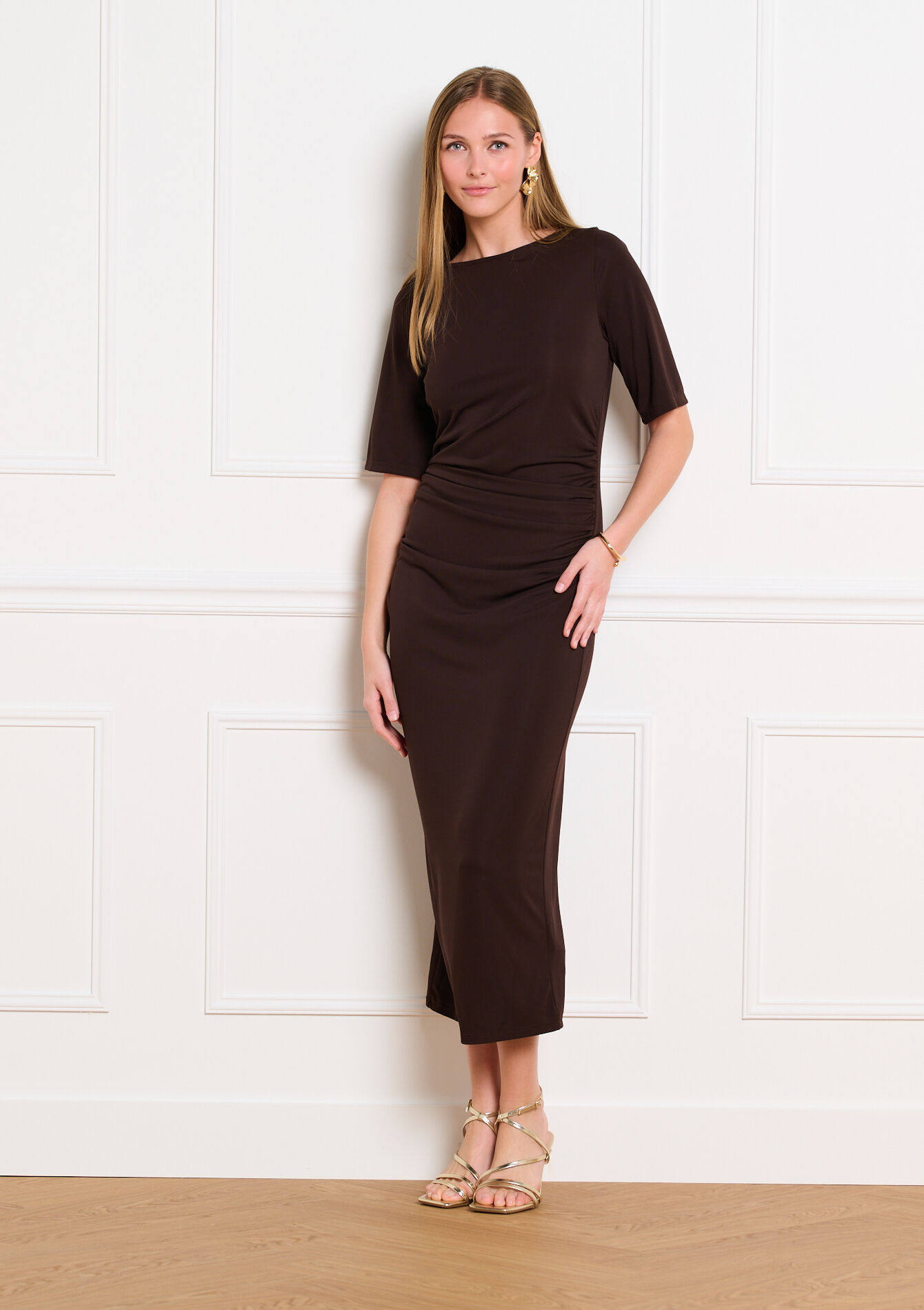Gedrapeerde midi jurk - BROWN DARK CHOCOLATE - 08104469_3720