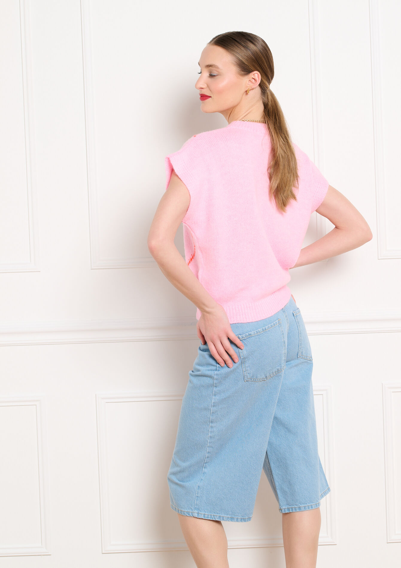 Korte mouwen trui met ruitmotief - LIGHT PINK - 04007294_1303