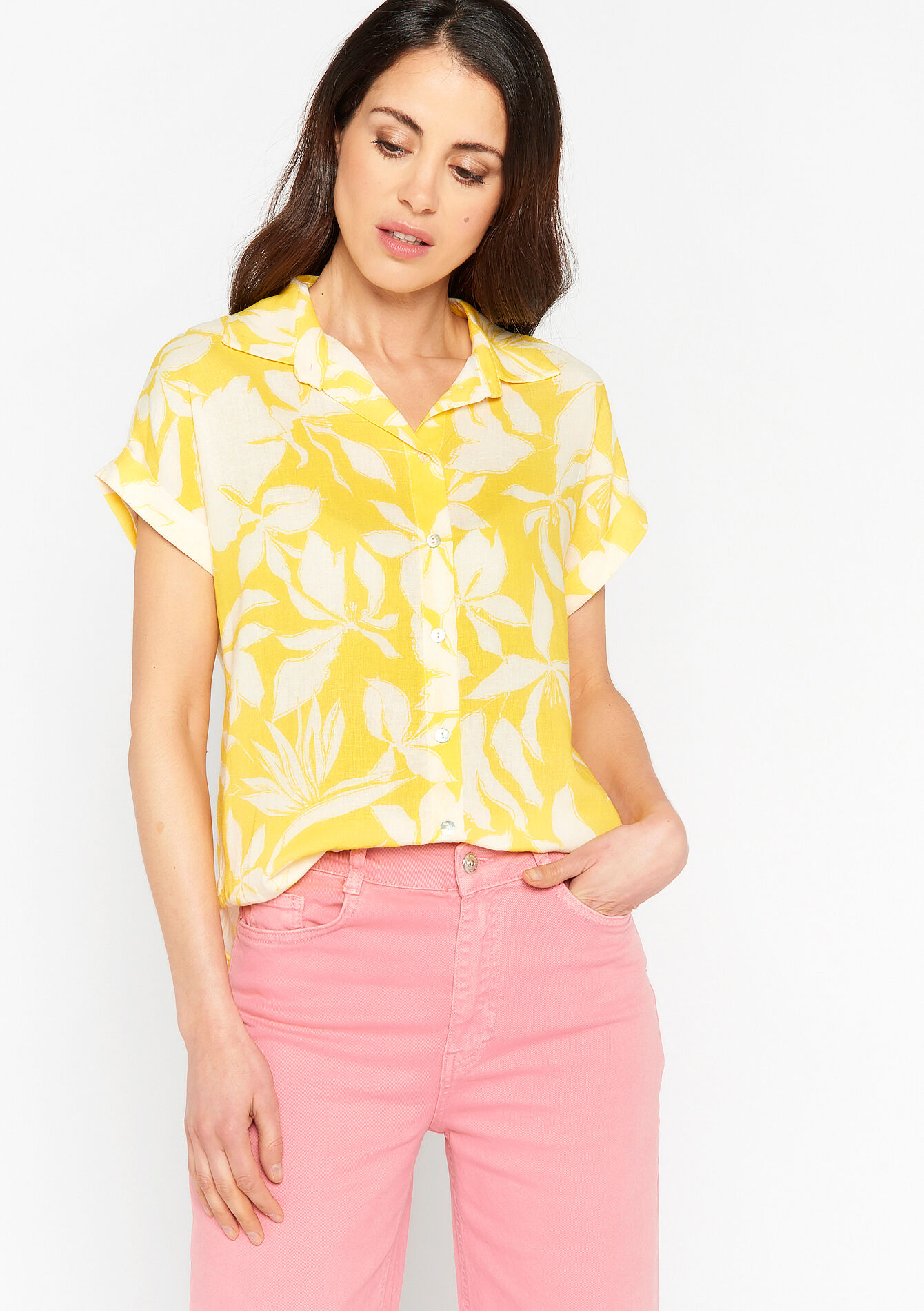 Linen shirt with tropical print, Linen shirt with tropical print - YELLOW SUN - 05702187_5007