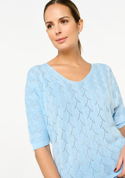 Open-knit pullover with V-neck - BLUE PASTEL - 04006483_3003