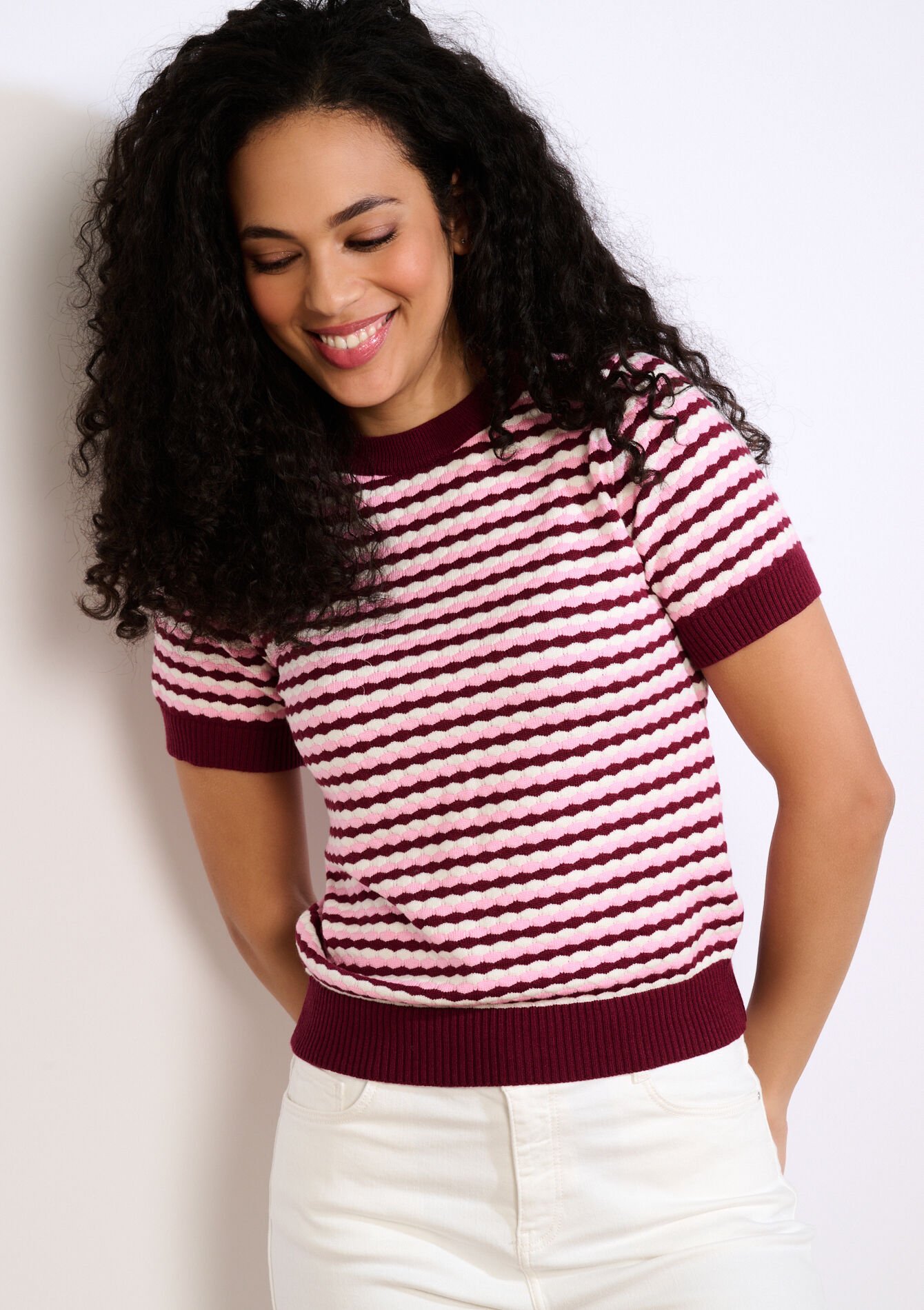 Gebreide top met korte mouw - BORDEAU WINE - 04007214_1467