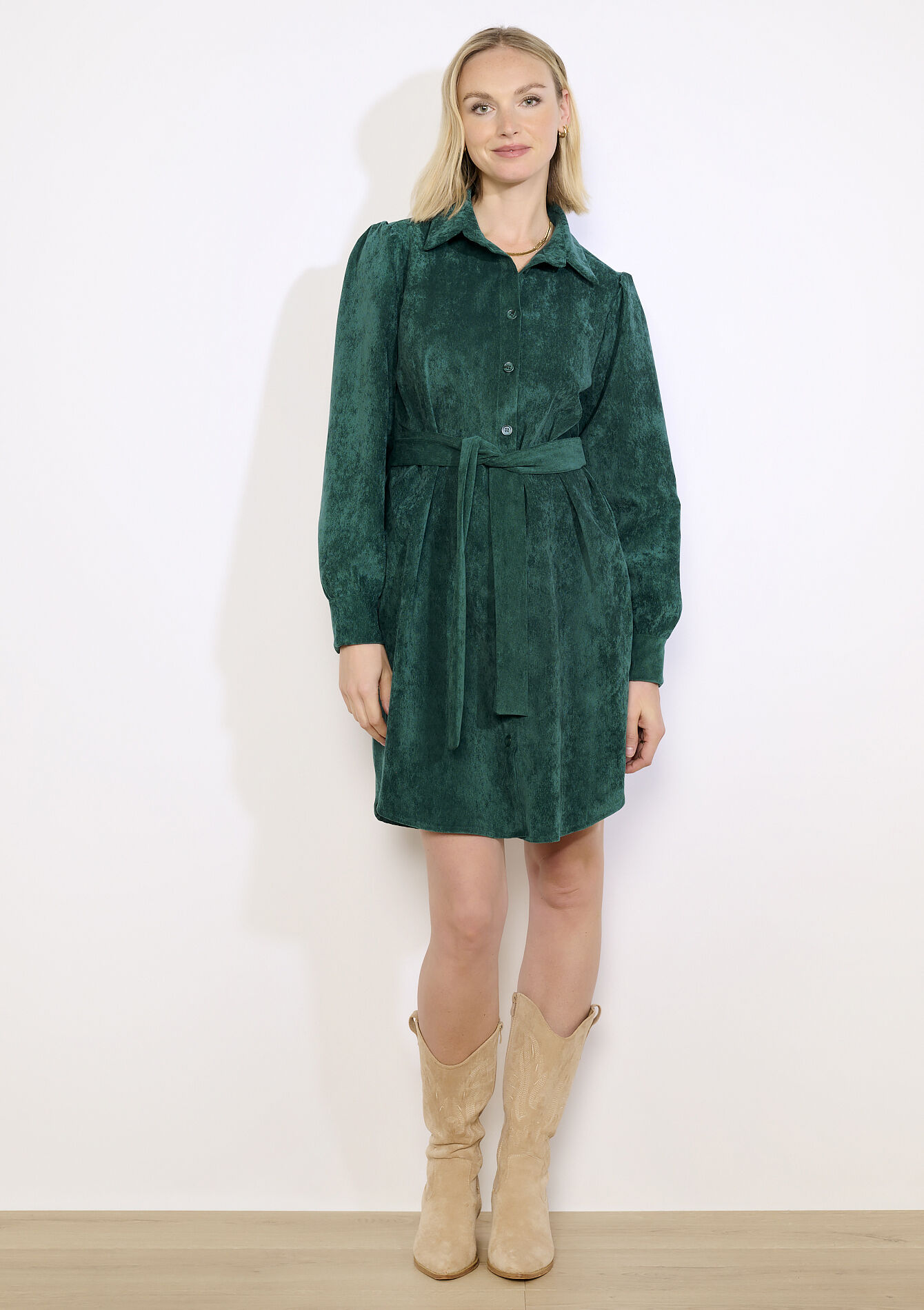 Robe chemise en velours, Robe chemise en velours - BOTTLE GREEN - 08104418_1778