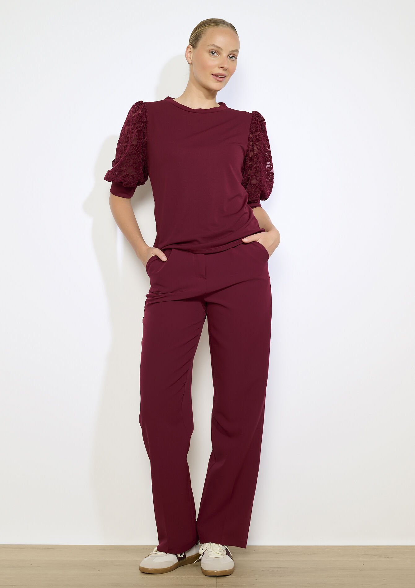 Lace puff sleeve t-shirt - BORDEAUX WINE - 02301925