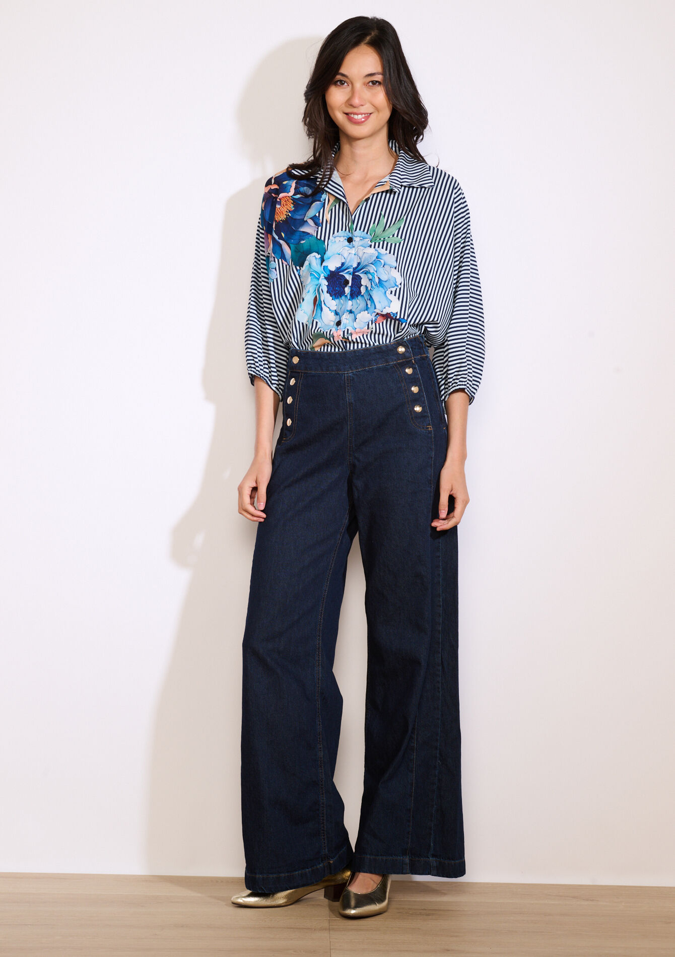 Wijde jeans met hoge taille, Wijde jeans met hoge taille - DARK BLUE - 22000626_0501