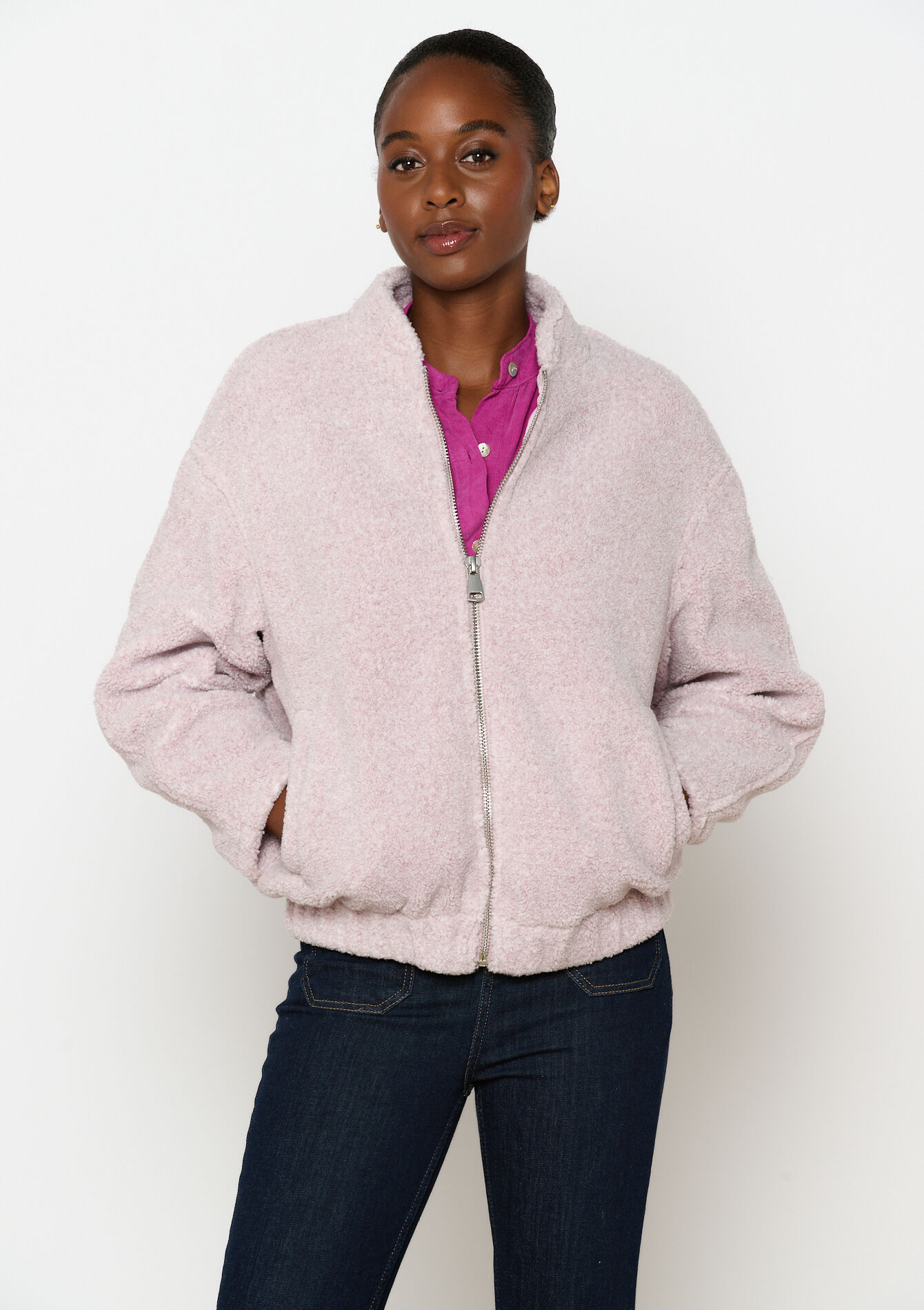 Bomber jacket in teddy fabric - LILA LAVENDER - 23000694_1332