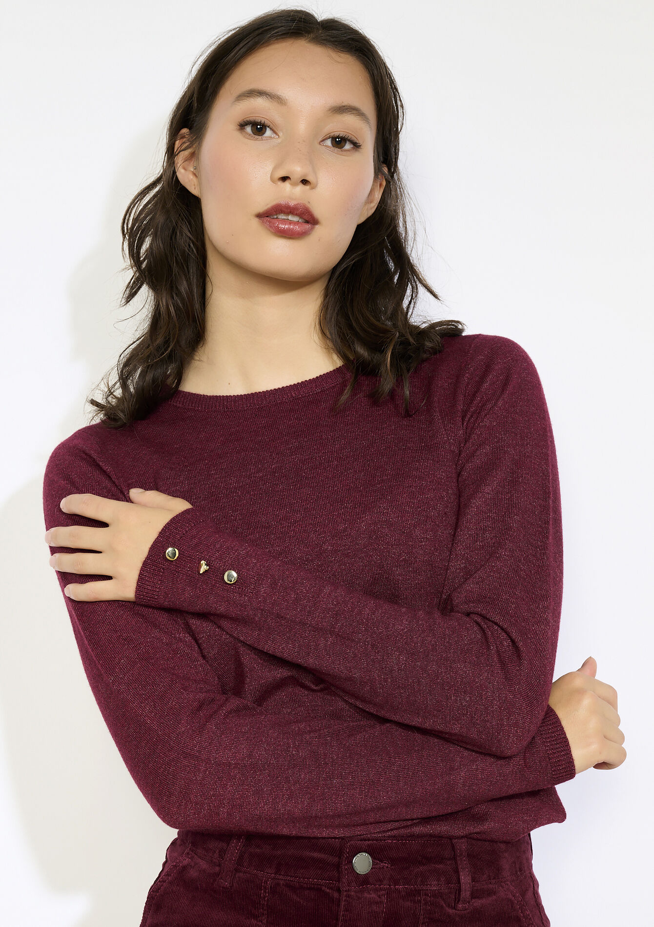 Fijngebreide trui met knopen - BORDEAUX WINE - 04006920_5514