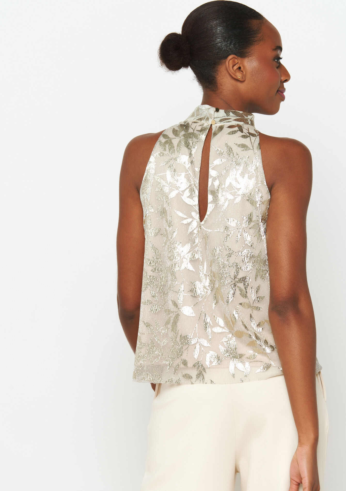 Débardeur à col halter et fleurs dorées, Débardeur à col halter et fleurs dorées - CHAMPAGNE SAND - 02301560_4007