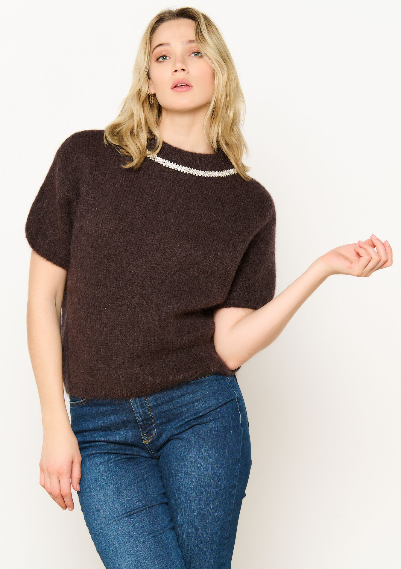 Mohair sweater with stitched chain, Mohair sweater with stitched chain - BROWN DARK CHOCOLATE - 04006806_3720