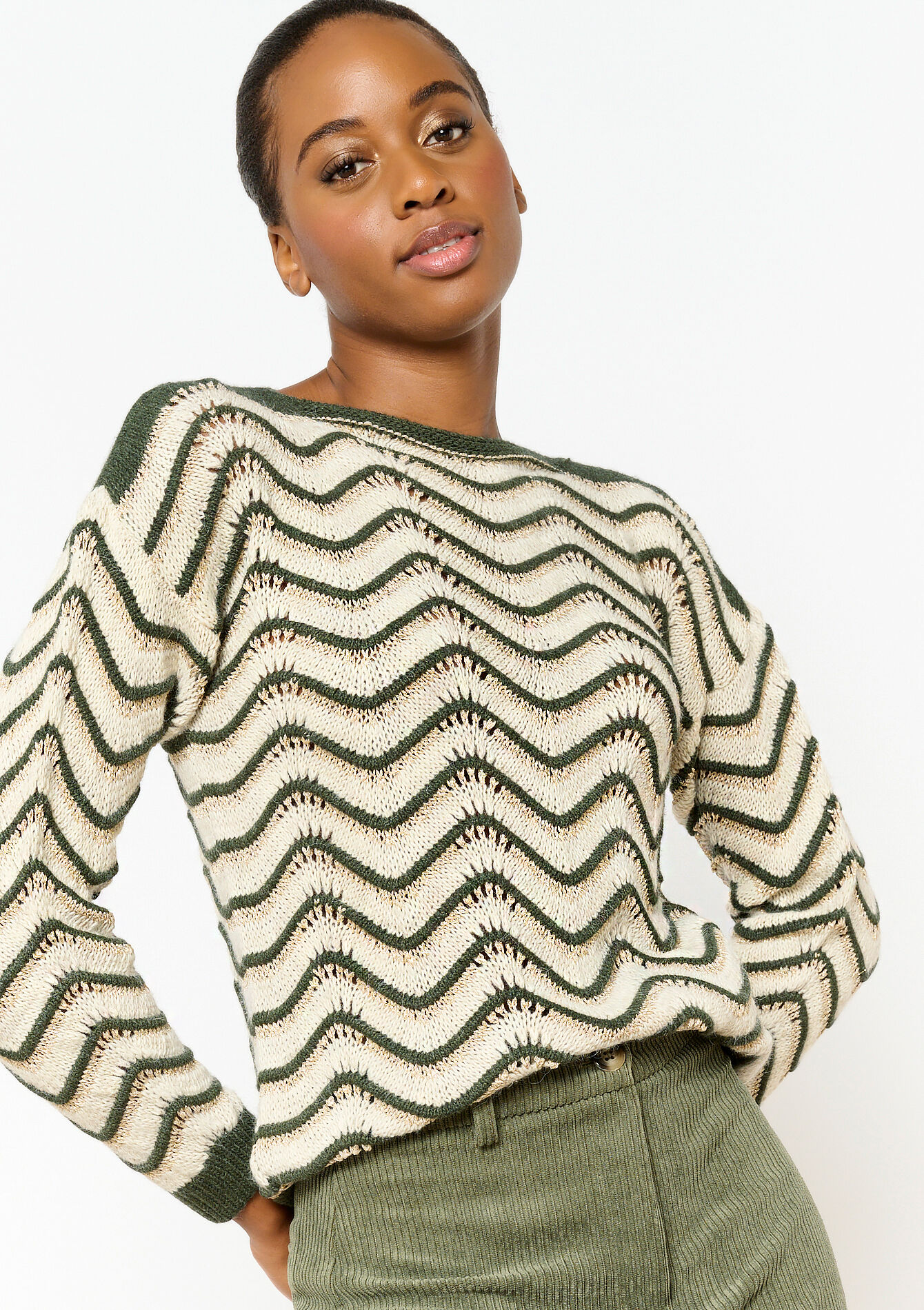 Pullover with wavy colourblock, Pullover with wavy colourblock - KHAKI MED - 04006343_4327