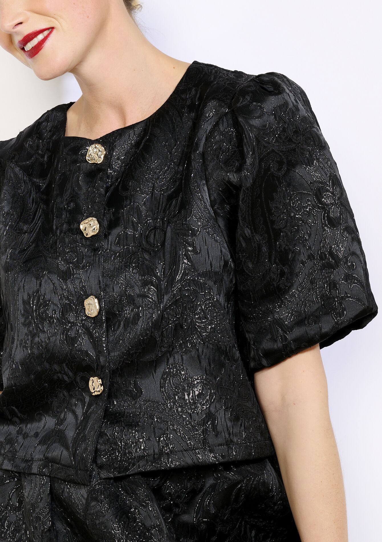 Blouse brocart à manches bouffantes, Blouse brocart à manches bouffantes - BLACK - 05703002_1119