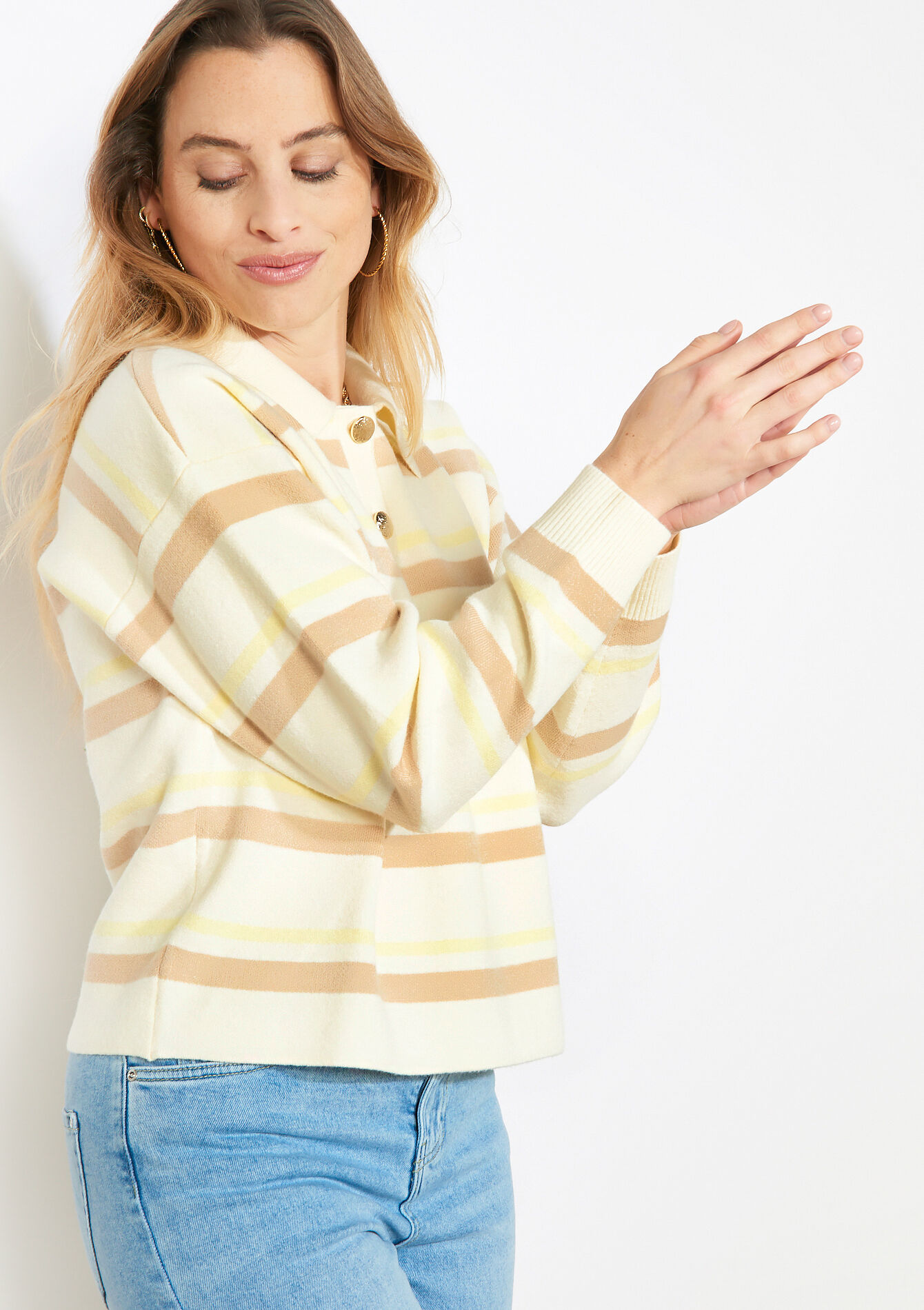 Polo rayé en maille - LT BEIGE - 04007183