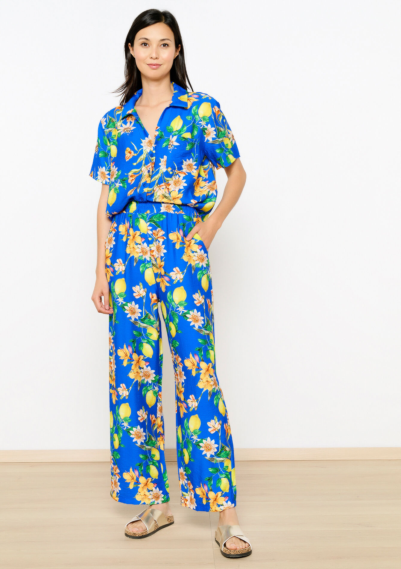 Losse broek met tropische print, Losse broek met tropische print - ELECTRIC BLUE - 06600879_1619