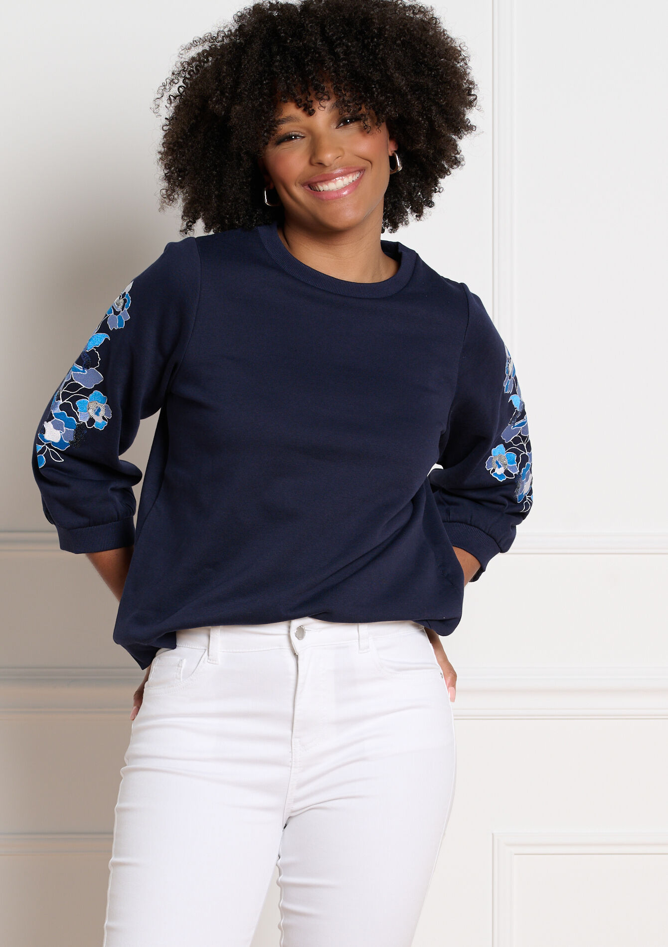 Sweat brodé manches fleuries - NAVY BASIC - 03001829_2723