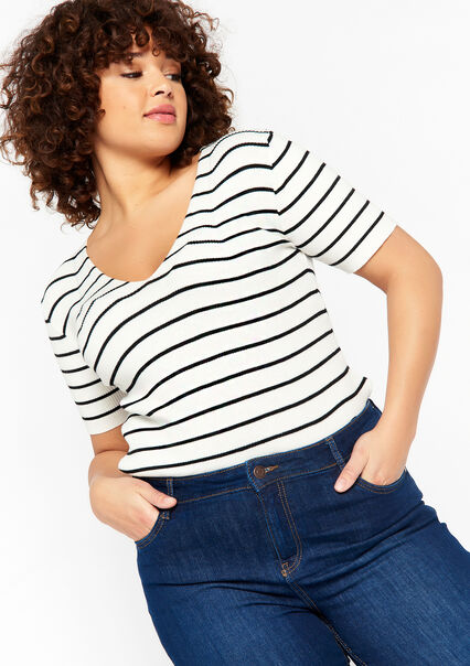 Striped pullover with V-neck - OFFWHITE - 04006084_1001