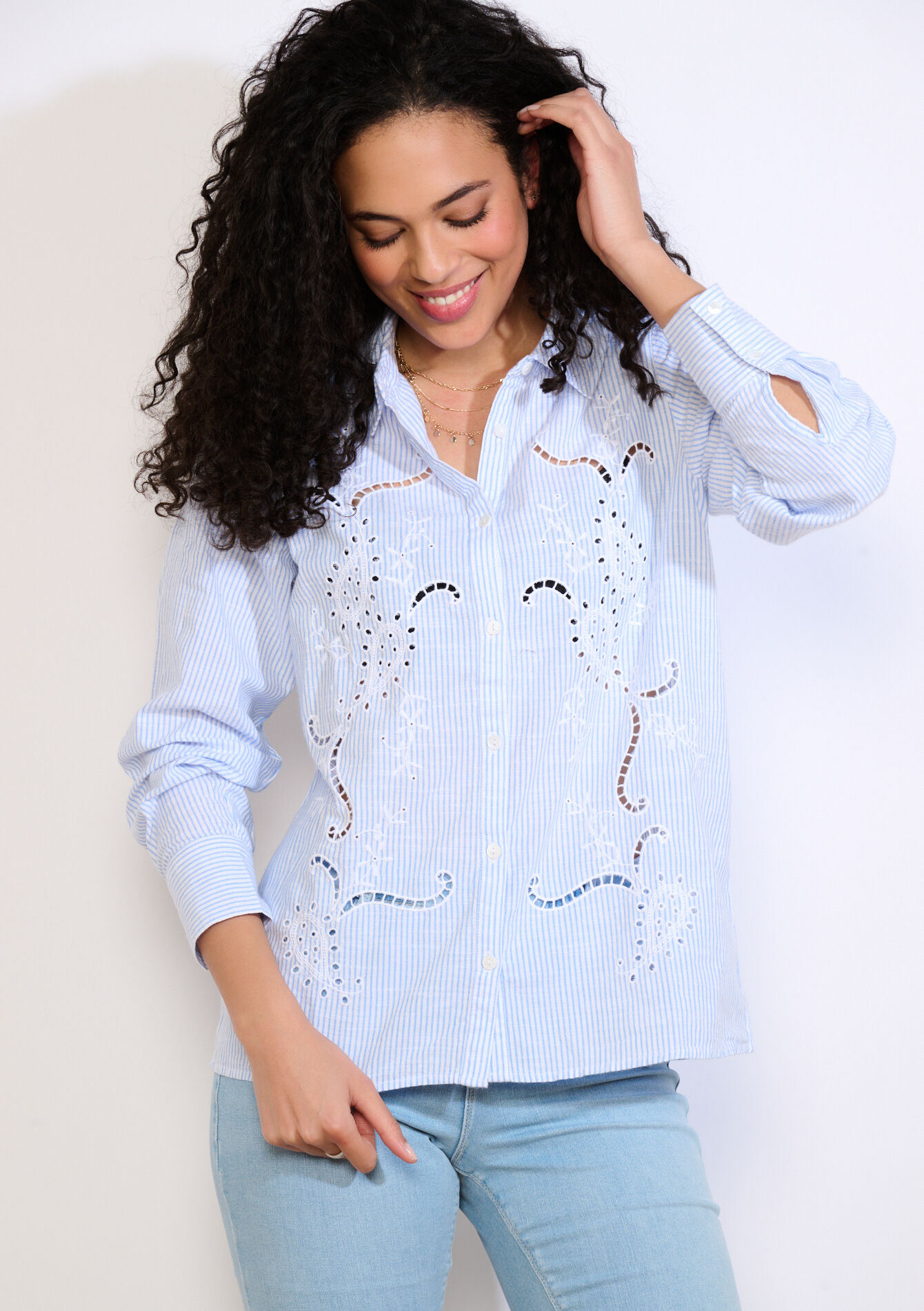 Gestreept hemd met borduurwerk - BLUE PASTEL - 05702951_3003