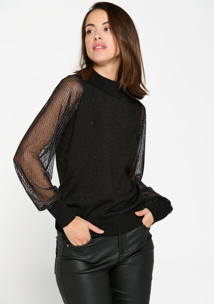 Pullover with transparent sleeves - BLACK - 04006167_1119