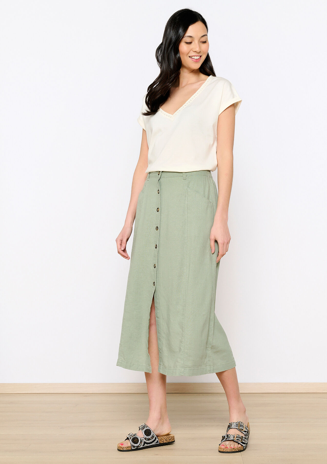 Linnen maxirok, Linnen maxirok - KHAKI FADED - 07101185_4326