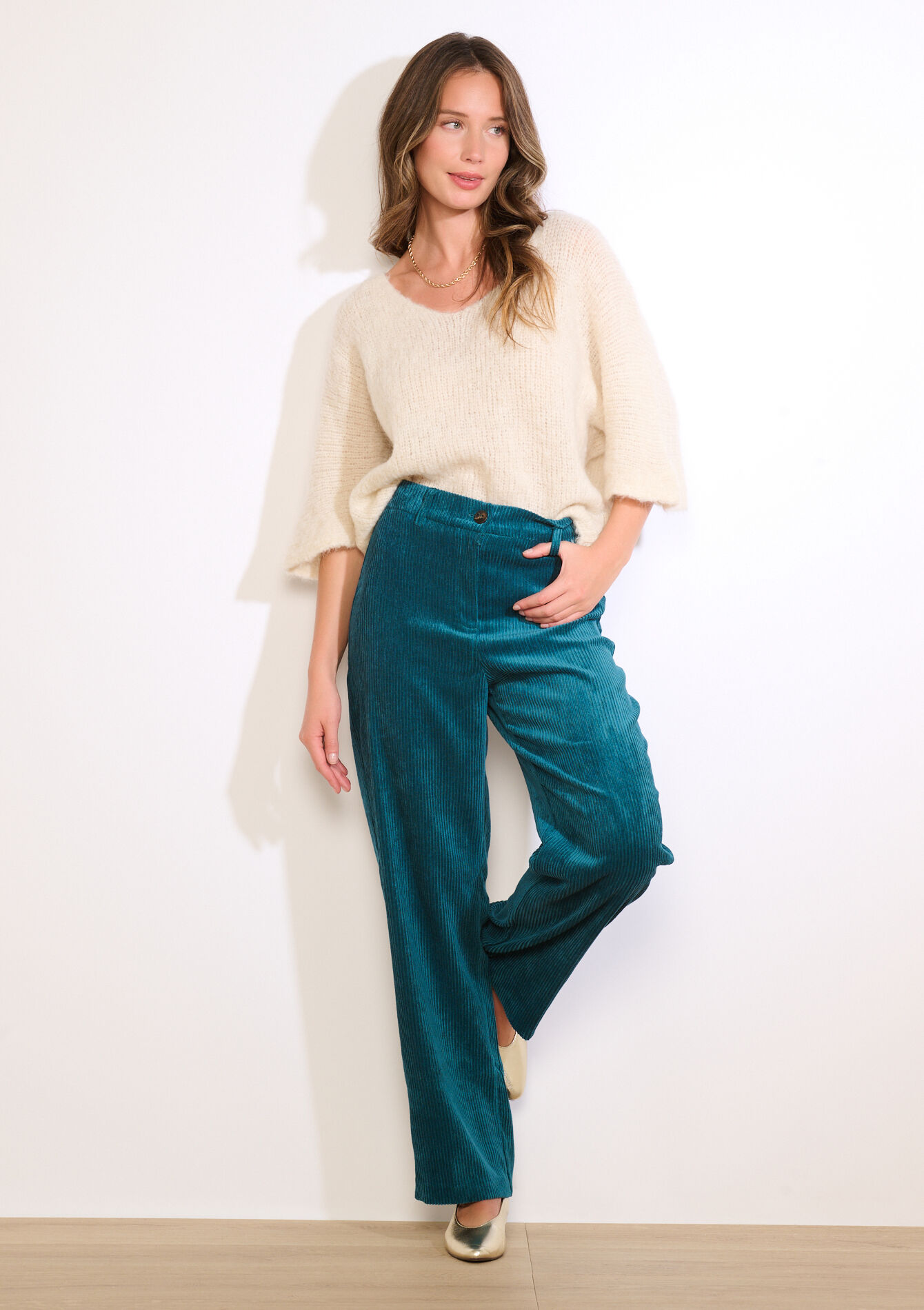 Corduroy broek met elastiek - EMERALD - 06100746_1740