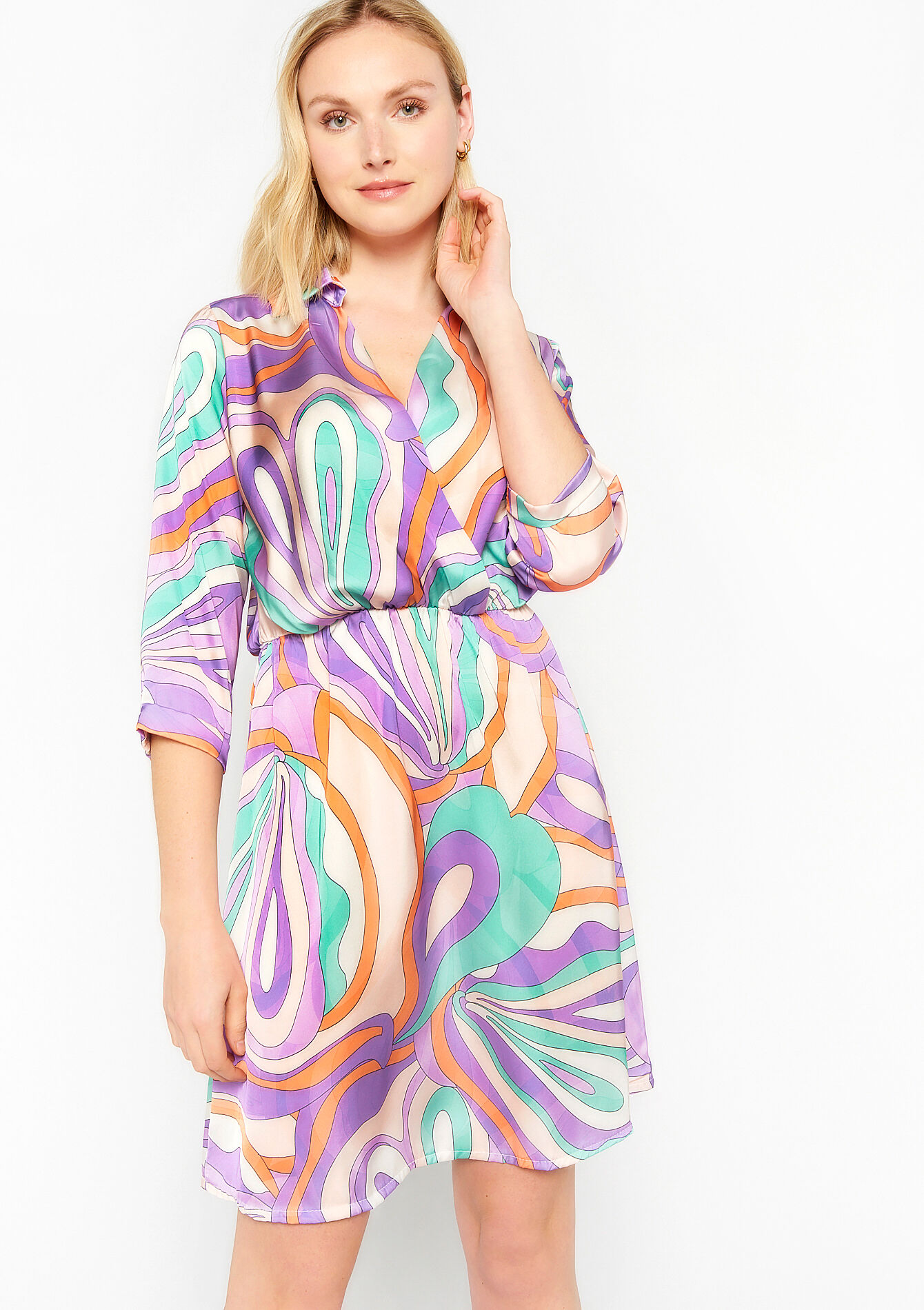 Satin wrap dress with retro print, Satin wrap dress with retro print - PASTEL LILAC - 08103243_1493
