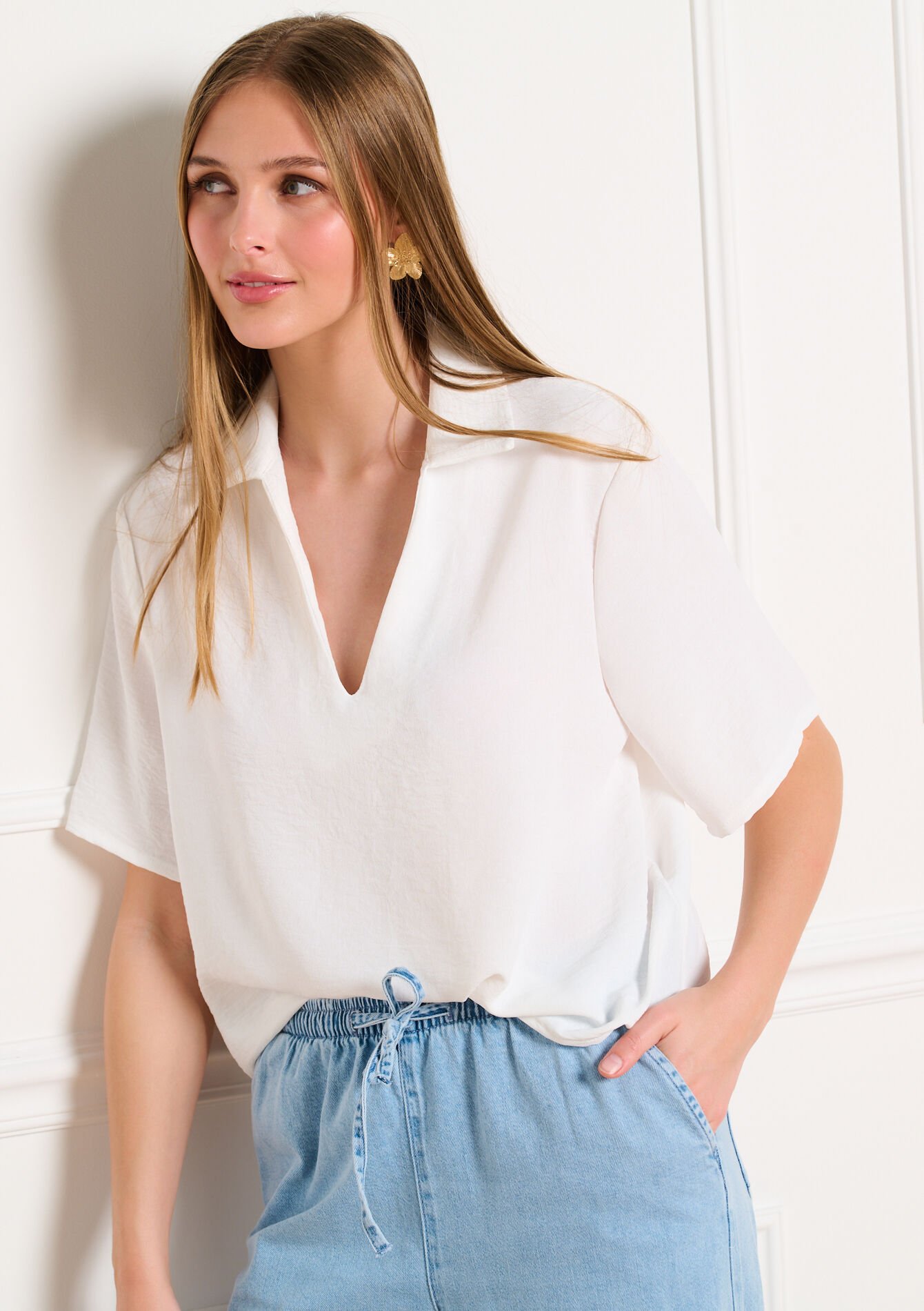 Vloeiende blouse met polokraag - OPTICAL WHITE - 05703062_1019