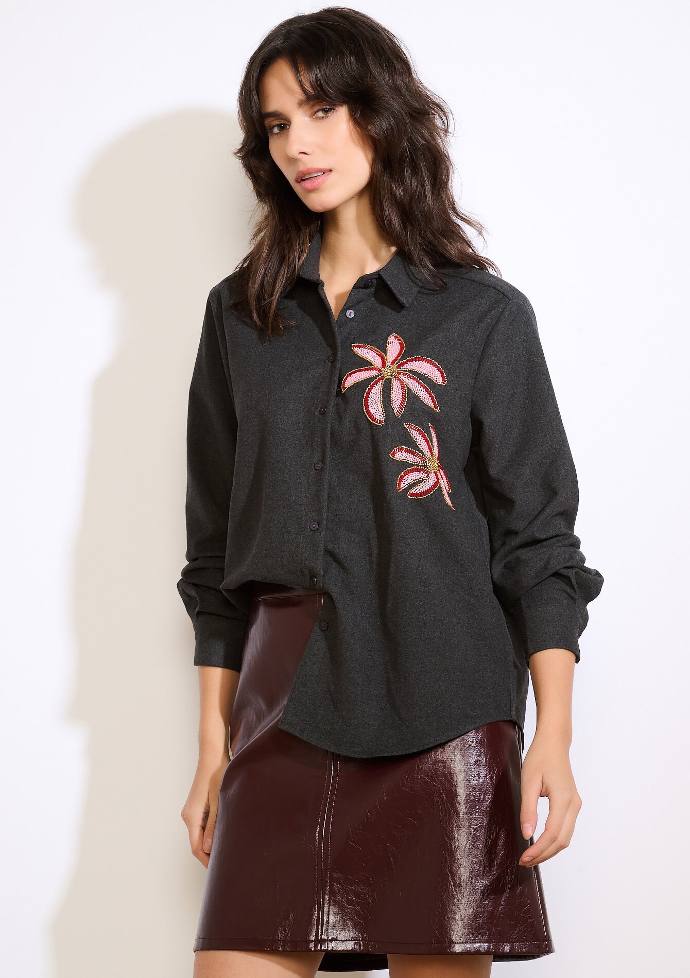 Chemise en flanelle brodée, Chemise en flanelle brodée - DK GREY MEL - 05702988_1083