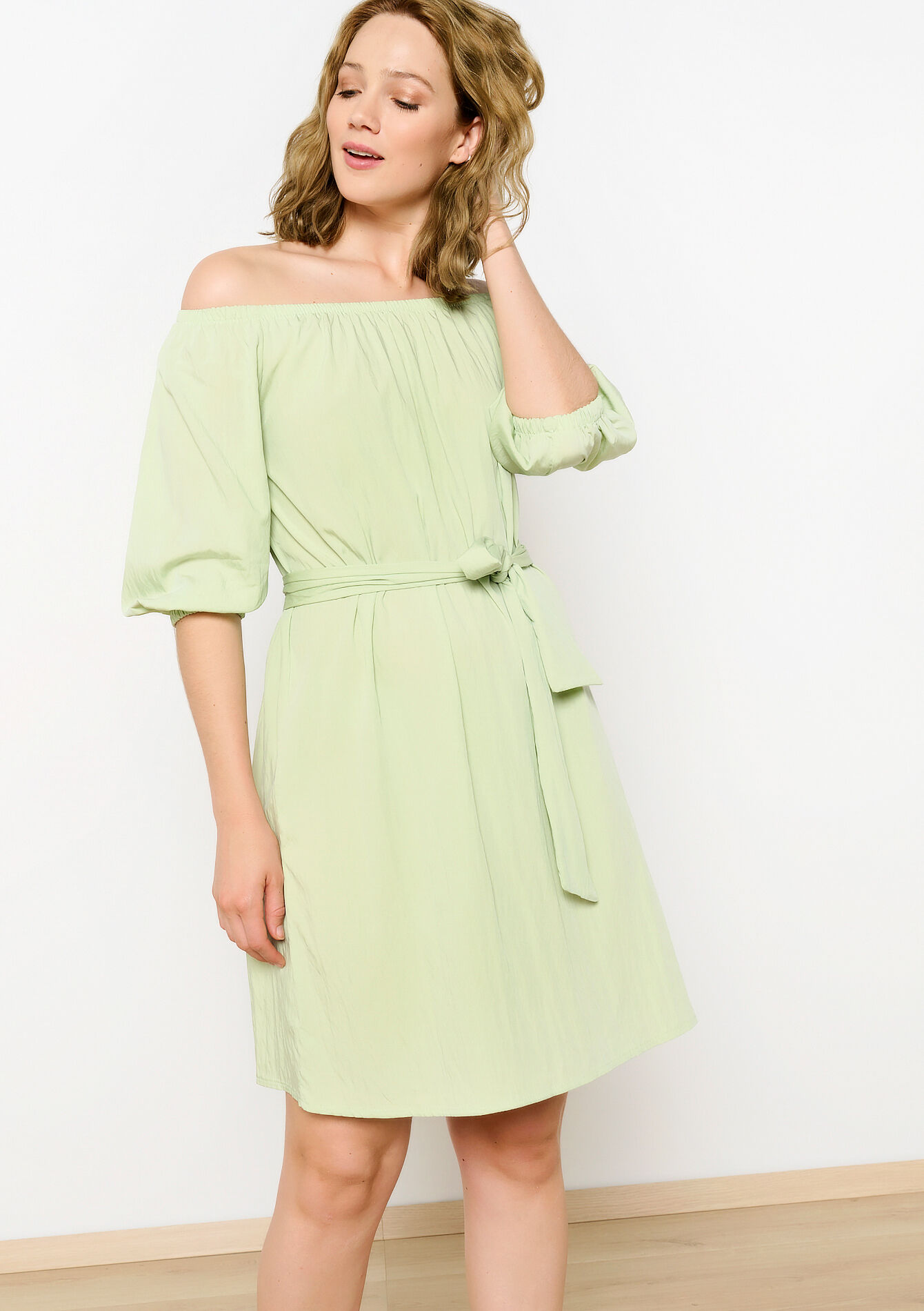 Off-shoulder jurk met striklint, Off-shoulder jurk met striklint - LIME - 08103694_4711
