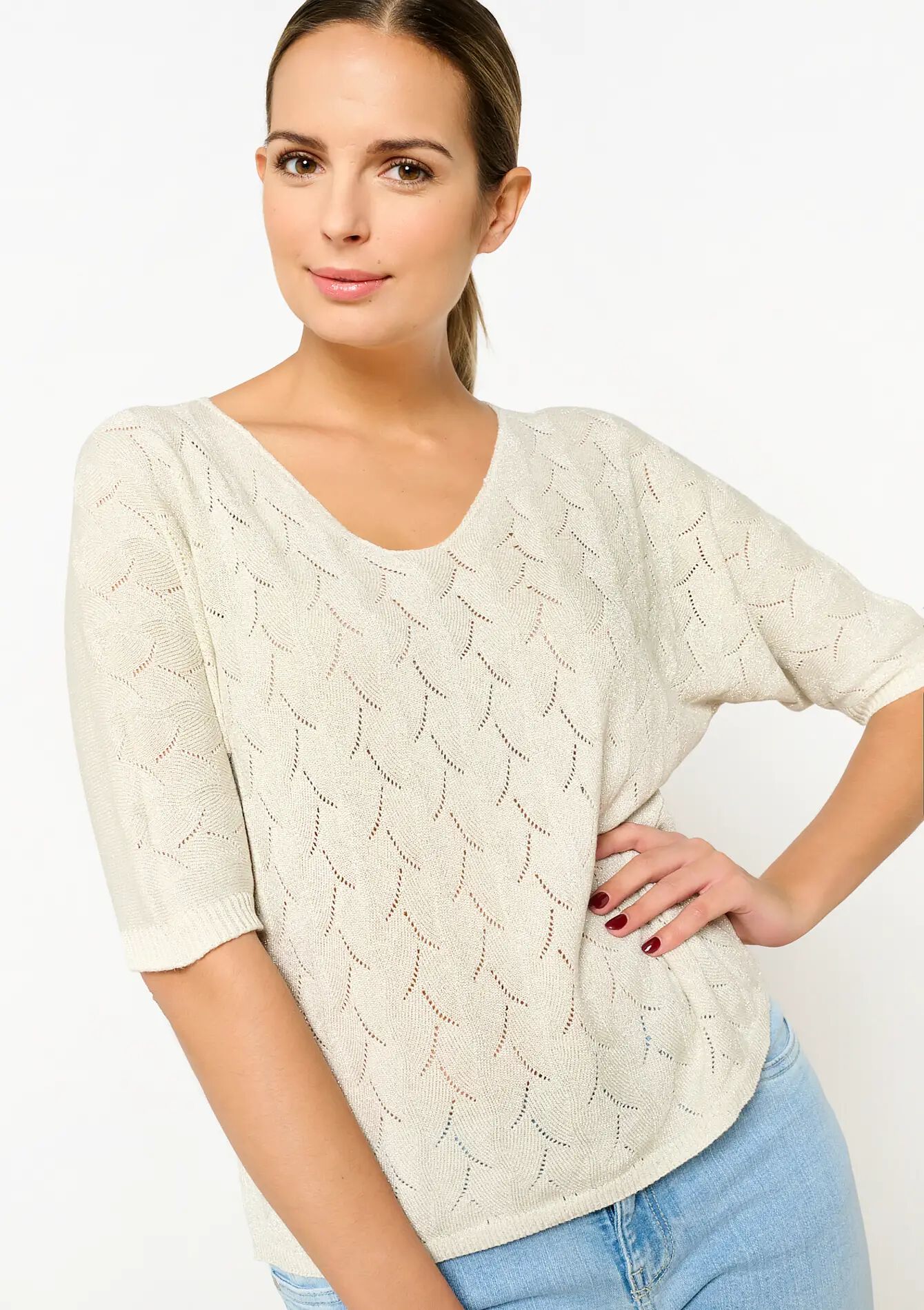 Open-knit pullover with V-neck, Open-knit pullover with V-neck - CHAMPAGNE SAND - 04006483_4007