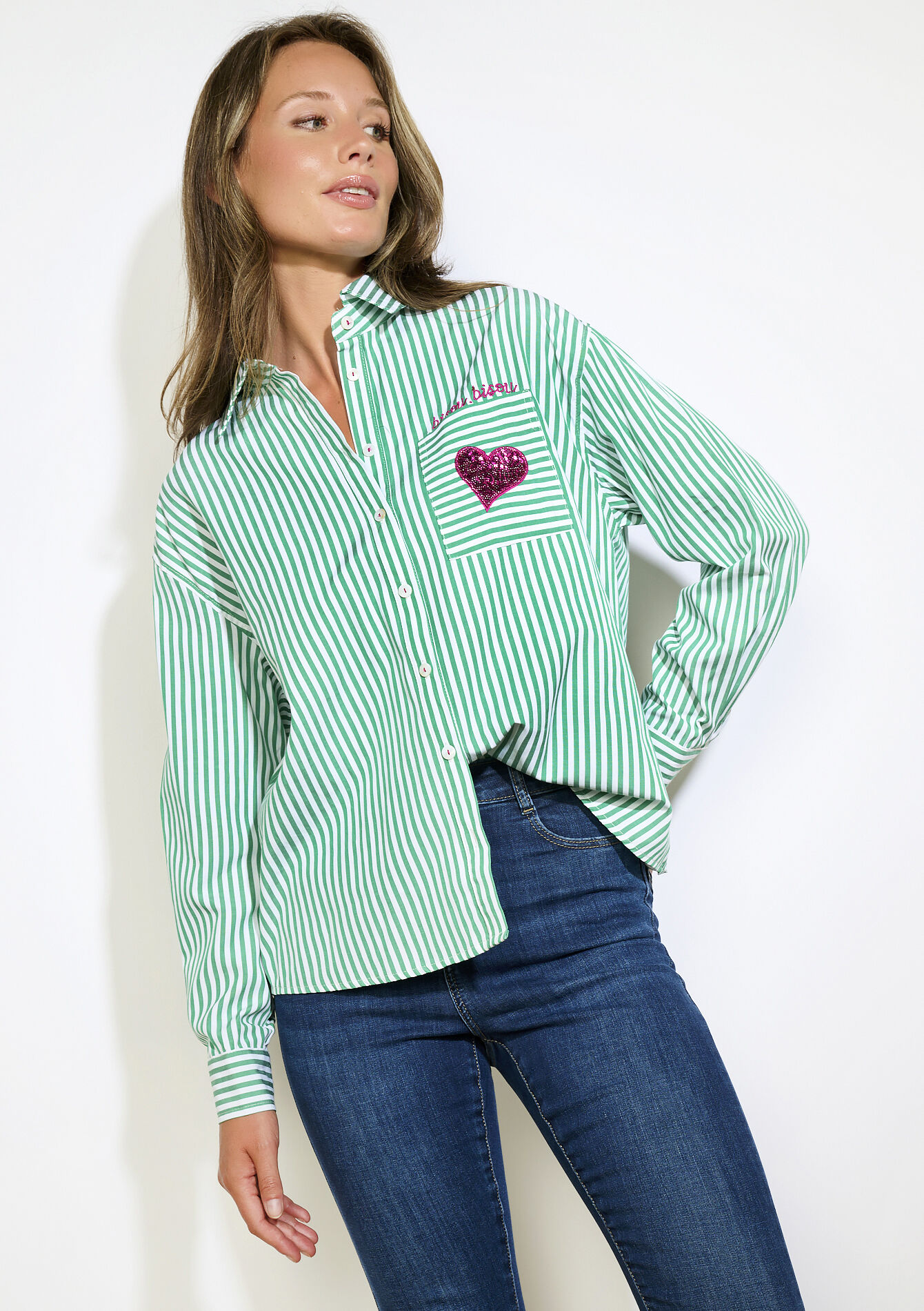 Gestreept hemd met hartdetail, Gestreept hemd met hartdetail - GREEN APPLE - 05702916_1783