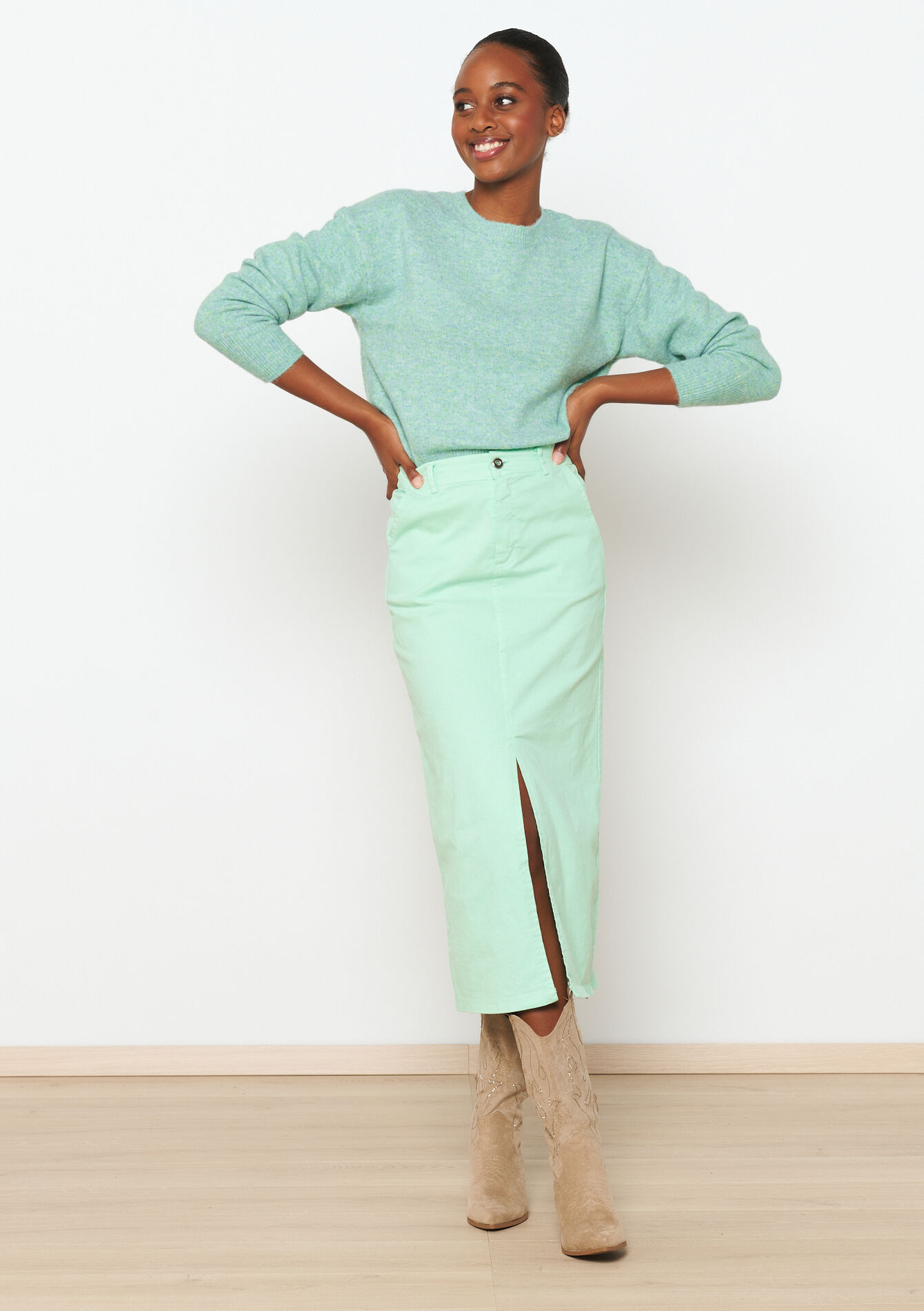 Cotton maxi skirt with slit, Cotton maxi skirt with slit - MINT GREEN - 07101237_1723