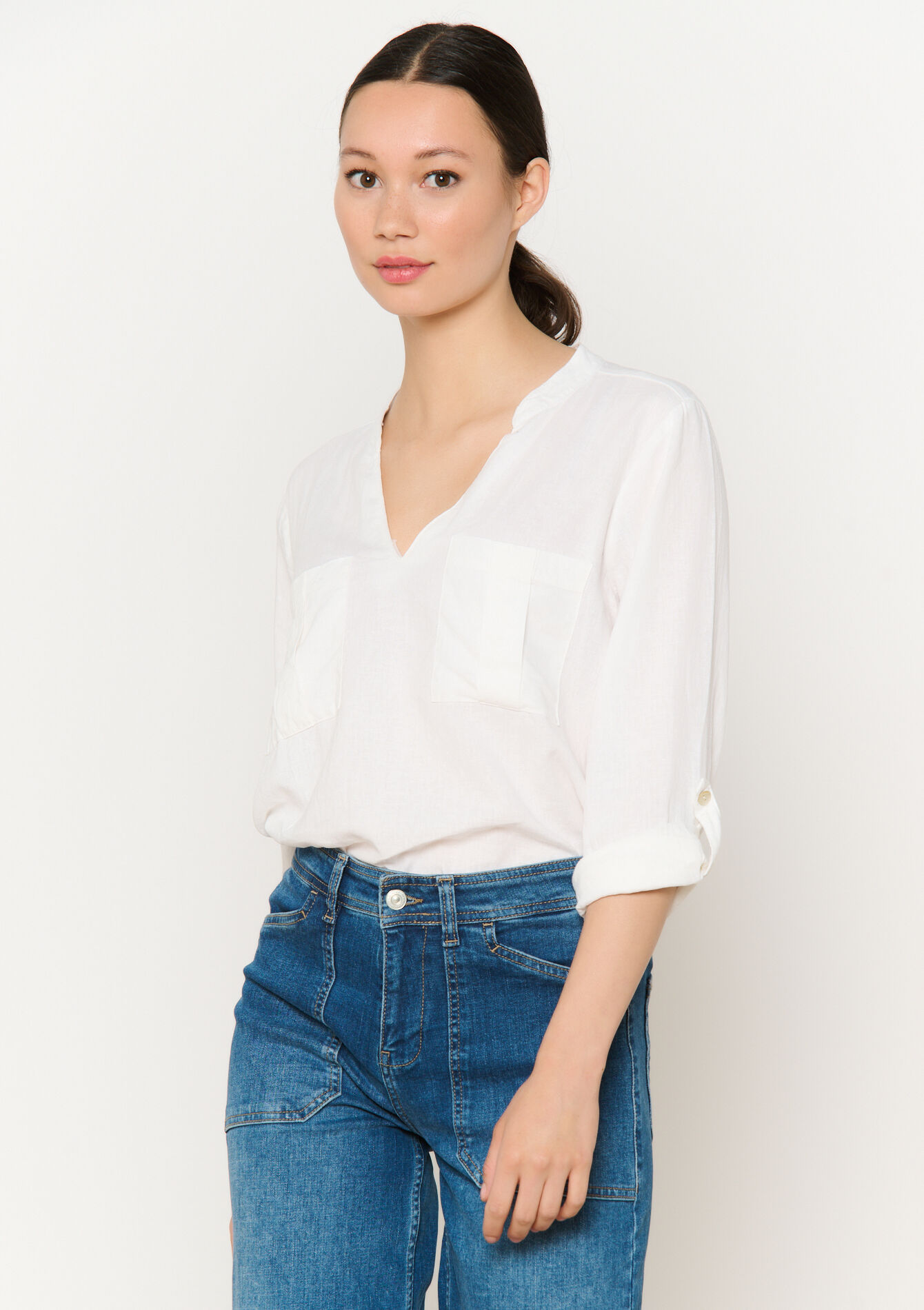 Blouse col tunisien fluide, Blouse col tunisien fluide - OPTICAL WHITE - 05702669_1019