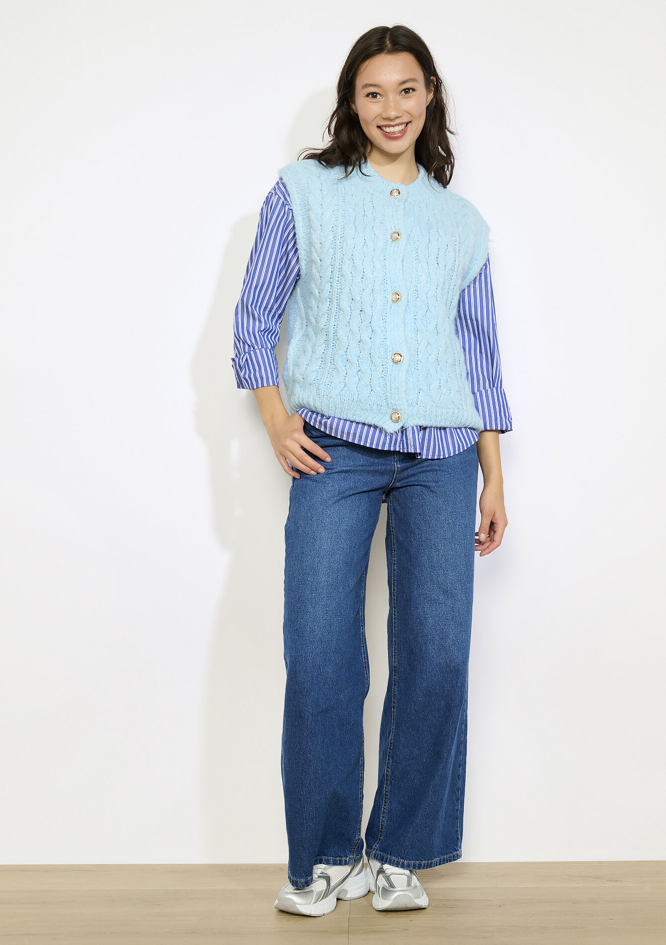 Cable knit sleeveless vest, Cable knit sleeveless vest - BLUE PASTEL - 04101372_3003