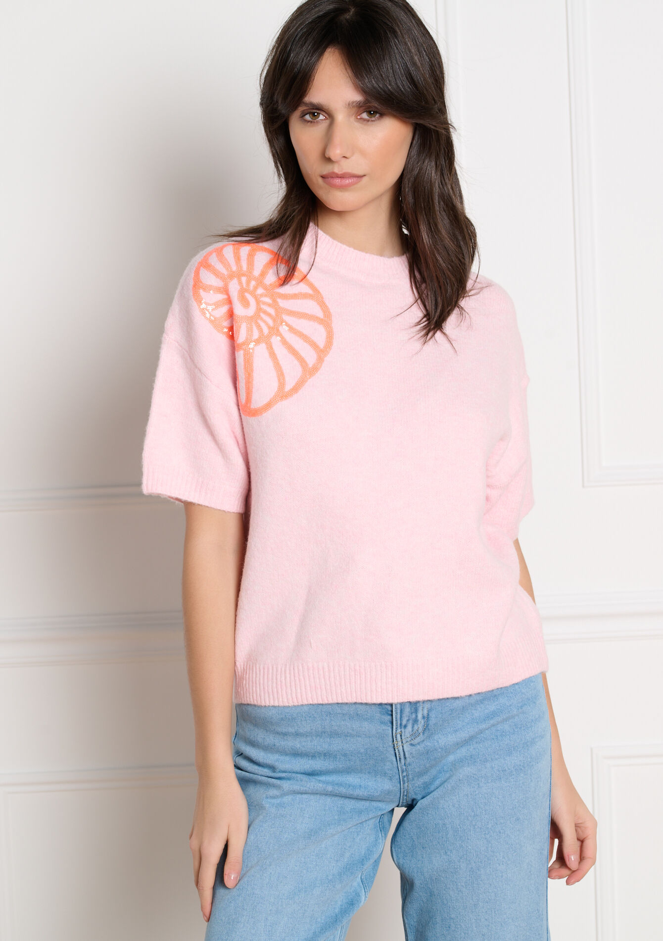 Trui met pailletten schelp, Trui met pailletten schelp - PINK BUBBLEGUM - 04007174_1477