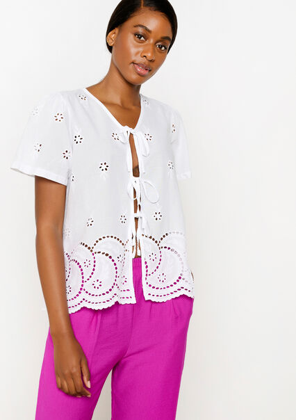 Blouse with embroidery and bows - OPTICAL WHITE - 05702580_1019