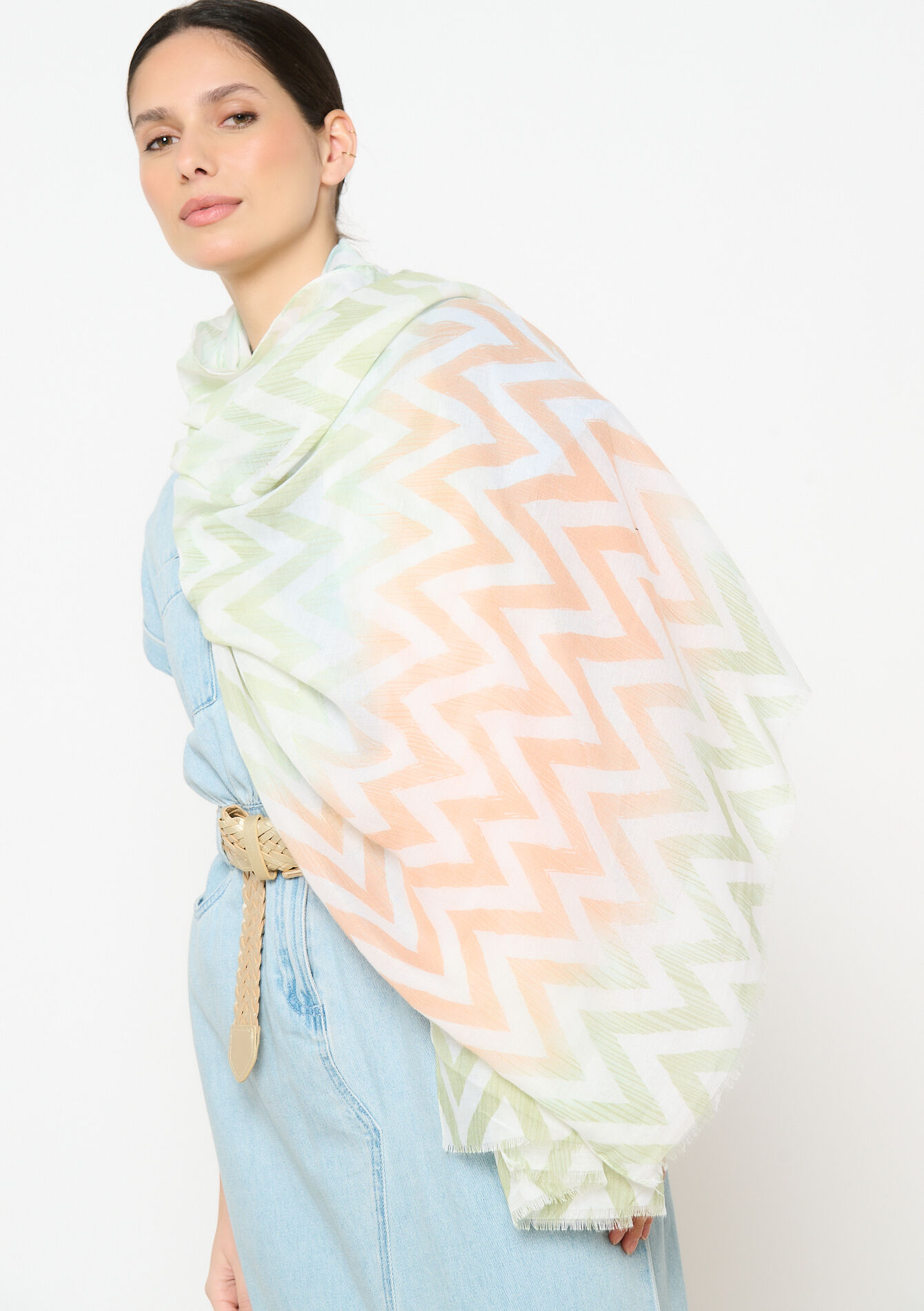 Sjaal met zigzagpatroon, Sjaal met zigzagpatroon - KHAKI MINT - 17101264_2542