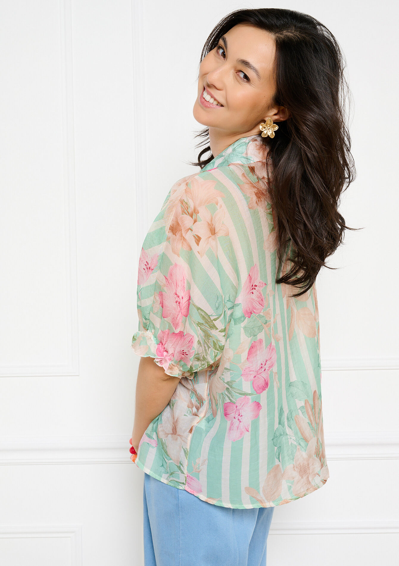 Voile hemd met strepen en bloemen - LIGHT GREEN PASTEL - 05703092_1822